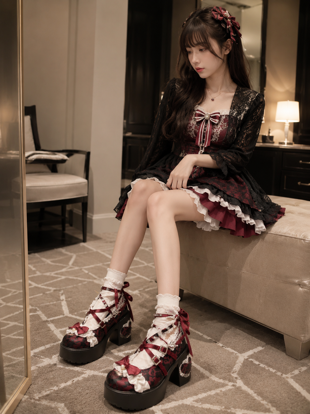 Red Lace Princess 9cm Chunky Heel Lolita Shoes - texture and trim detail view for Classic / Hime Lolita coords