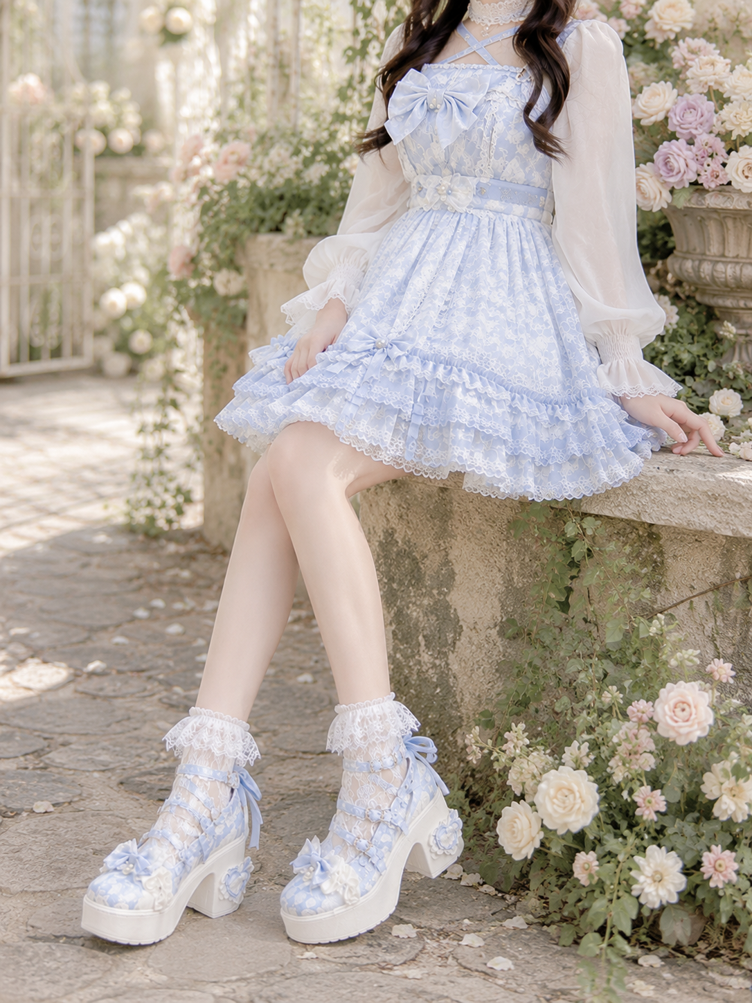 Blue Lace Princess 9cm Chunky Heel Lolita Shoes | Model Coord Styling View | Aurora Lolita Blue Lace Princess 9cm Chunky Heel Lolita Shoes - model coord styling view for Classic / Hime Lolita coords