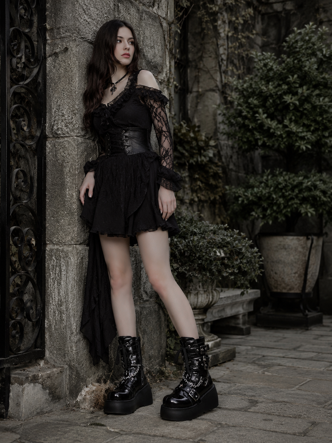 Punkcat Platform Martin Boots for Gothic Lolita - front styling view for Punk / Gothic Lolita coords