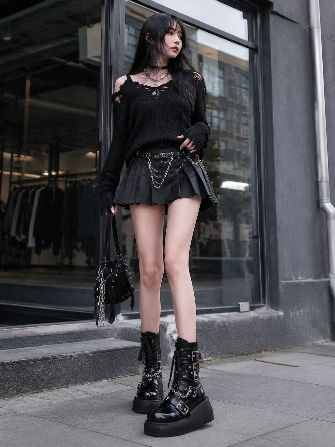 Punkcat Platform Martin Boots for Gothic Lolita - side angle view for Punk / Gothic Lolita coords