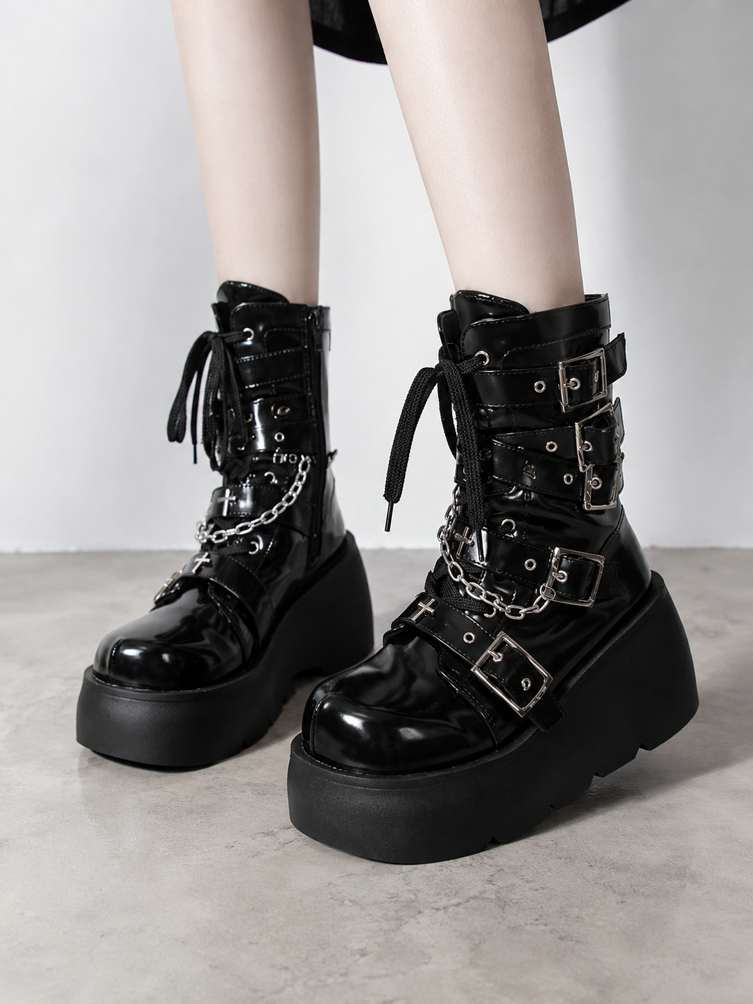 Punkcat Platform Martin Boots for Gothic Lolita - texture and trim detail view for Punk / Gothic Lolita coords