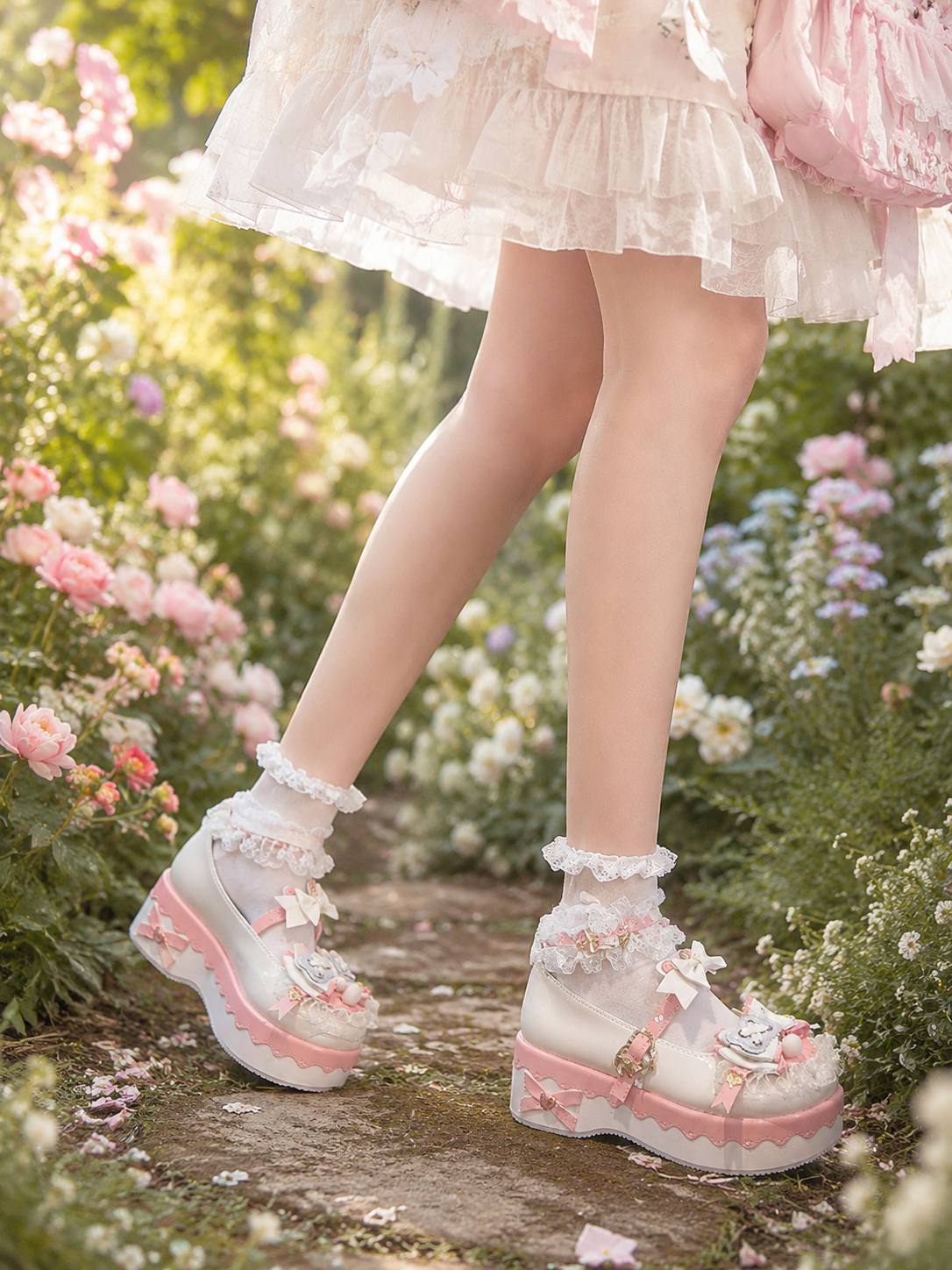 Pink Round Toe Sweet Lolita Platform Shoes | Side Angle View | Aurora Lolita Pink Round Toe Sweet Lolita Platform Shoes - side angle view for Sweet Lolita coords