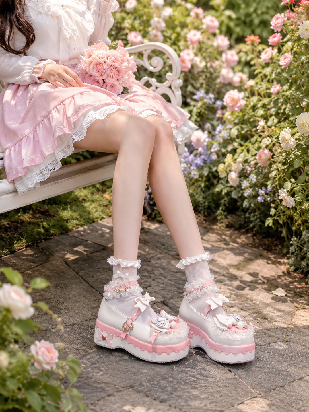 Pink Round Toe Sweet Lolita Platform Shoes | Close-Up Detail View | Aurora Lolita Pink Round Toe Sweet Lolita Platform Shoes - close-up detail view for Sweet Lolita coords