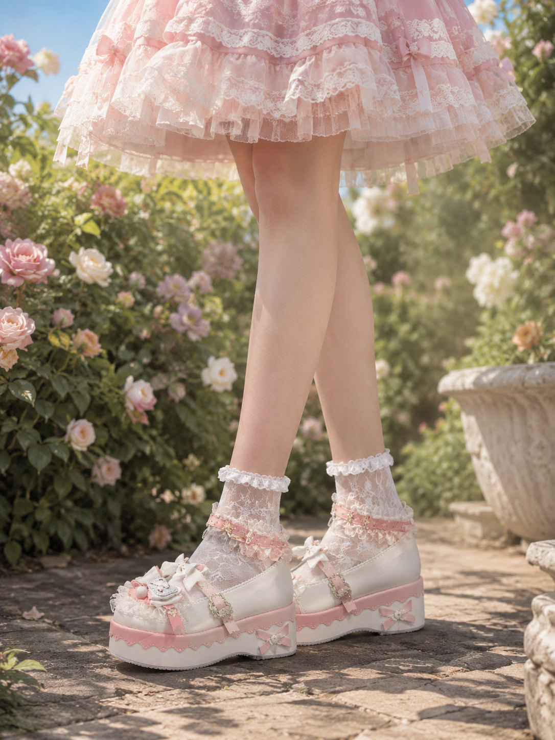Pink Round Toe Sweet Lolita Platform Shoes | Wearing Scale View | Aurora Lolita Pink Round Toe Sweet Lolita Platform Shoes - wearing scale view for Sweet Lolita coords
