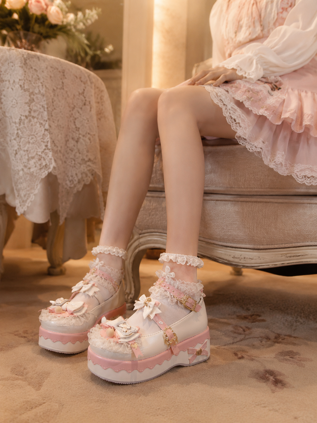 Pink Round Toe Sweet Lolita Platform Shoes | Lifestyle Coord View | Aurora Lolita Pink Round Toe Sweet Lolita Platform Shoes - lifestyle coord view for Sweet Lolita coords