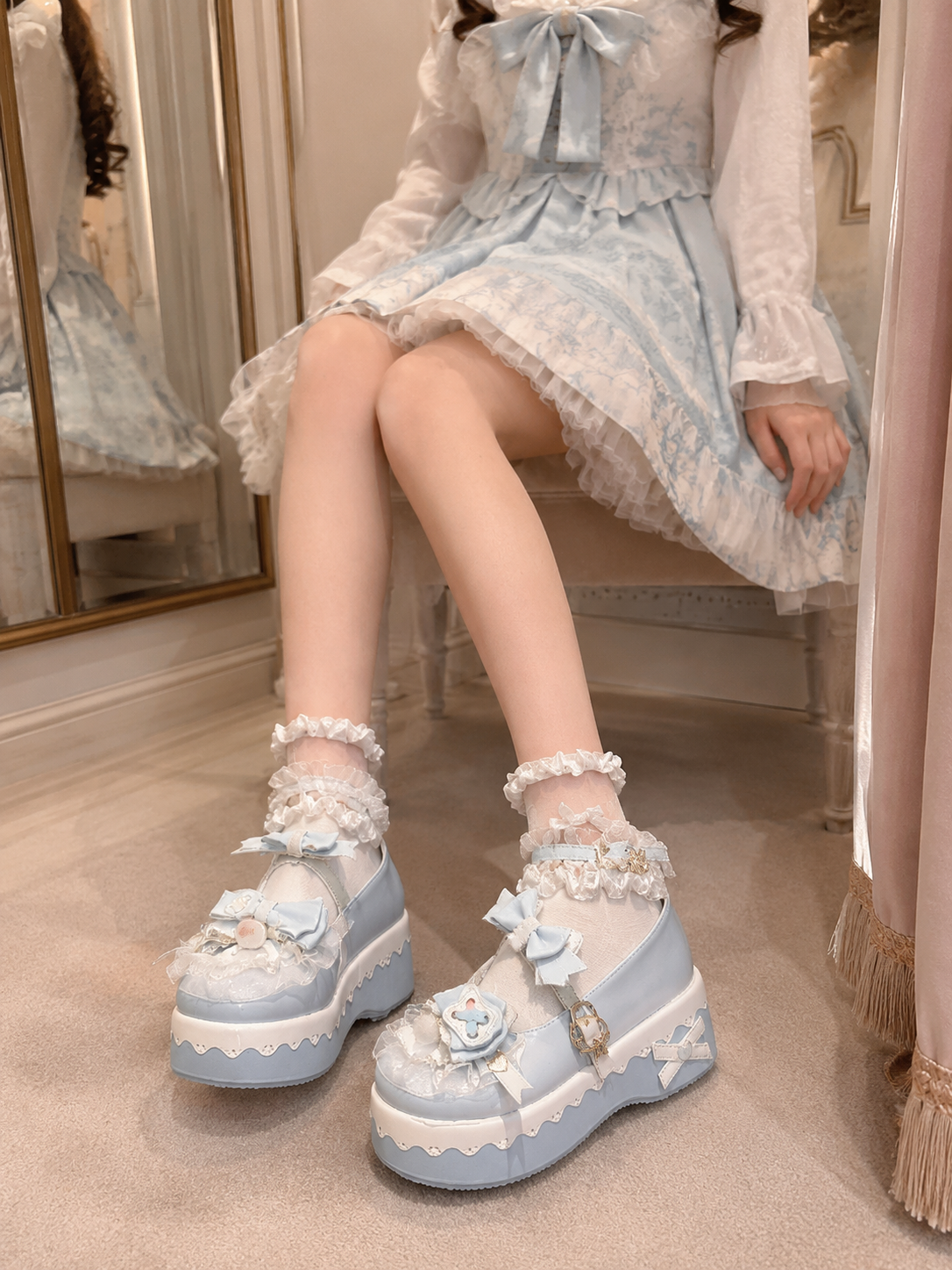 Blue Round Toe Sweet Lolita Platform Shoes | Front Styling View | Aurora Lolita Blue Round Toe Sweet Lolita Platform Shoes - front styling view for Sweet / Classic Lolita coords