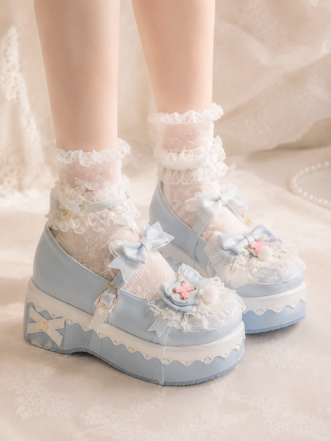 Blue Round Toe Sweet Lolita Platform Shoes | Wearing Scale View | Aurora Lolita Blue Round Toe Sweet Lolita Platform Shoes - wearing scale view for Sweet / Classic Lolita coords