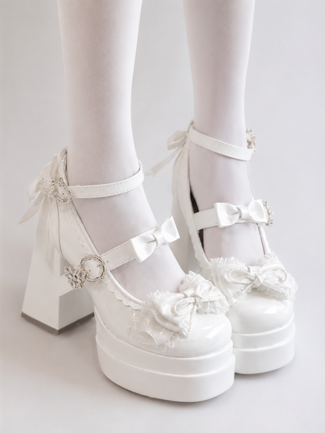 White Butterfly Round Toe Chunky Heel Lolita Shoes - main product view for Classic / Sweet Lolita coords