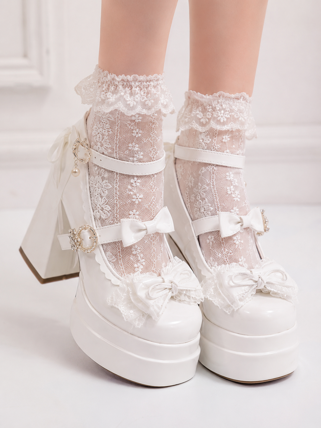 White Butterfly Round Toe Chunky Heel Lolita Shoes | Side Angle View | Aurora Lolita White Butterfly Round Toe Chunky Heel Lolita Shoes - side angle view for Classic / Sweet Lolita coords