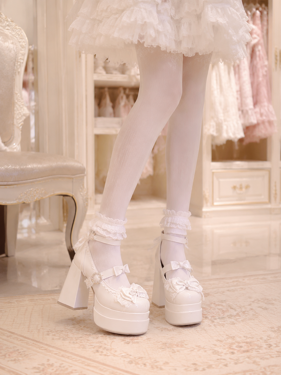 White Butterfly Round Toe Chunky Heel Lolita Shoes | Close-Up Detail View | Aurora Lolita White Butterfly Round Toe Chunky Heel Lolita Shoes - close-up detail view for Classic / Sweet Lolita coords