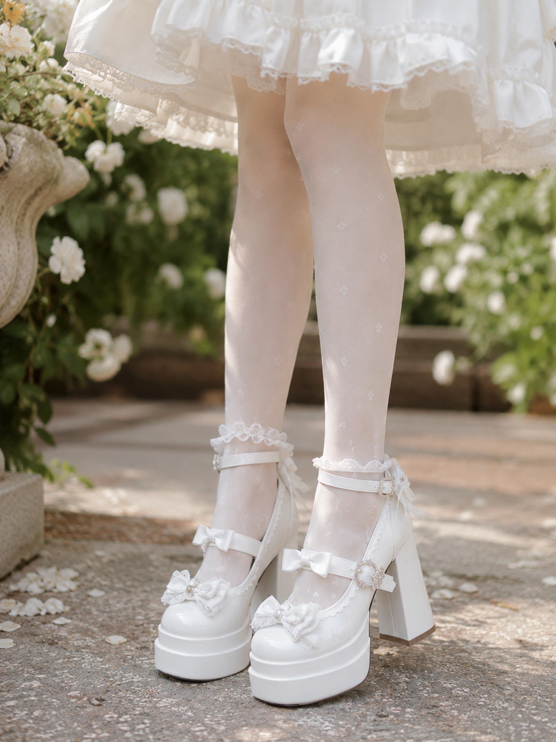 White Butterfly Round Toe Chunky Heel Lolita Shoes | Wearing Scale View | Aurora Lolita White Butterfly Round Toe Chunky Heel Lolita Shoes - wearing scale view for Classic / Sweet Lolita coords