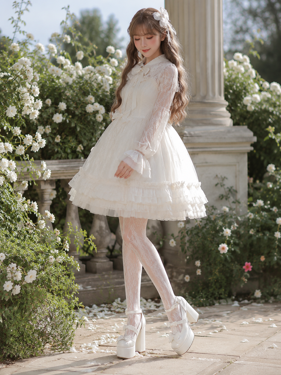 White Butterfly Round Toe Chunky Heel Lolita Shoes | Lifestyle Coord View | Aurora Lolita White Butterfly Round Toe Chunky Heel Lolita Shoes - lifestyle coord view for Classic / Sweet Lolita coords