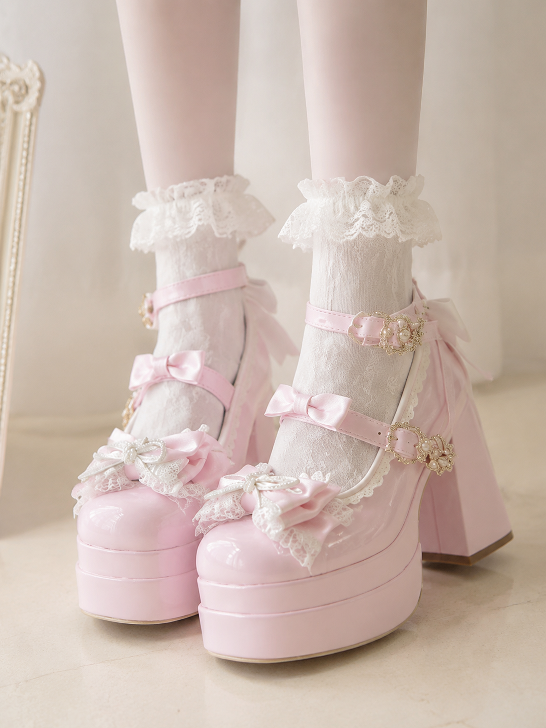 Pink Butterfly Round Toe Chunky Heel Lolita Shoes - main product view for Sweet Lolita coords