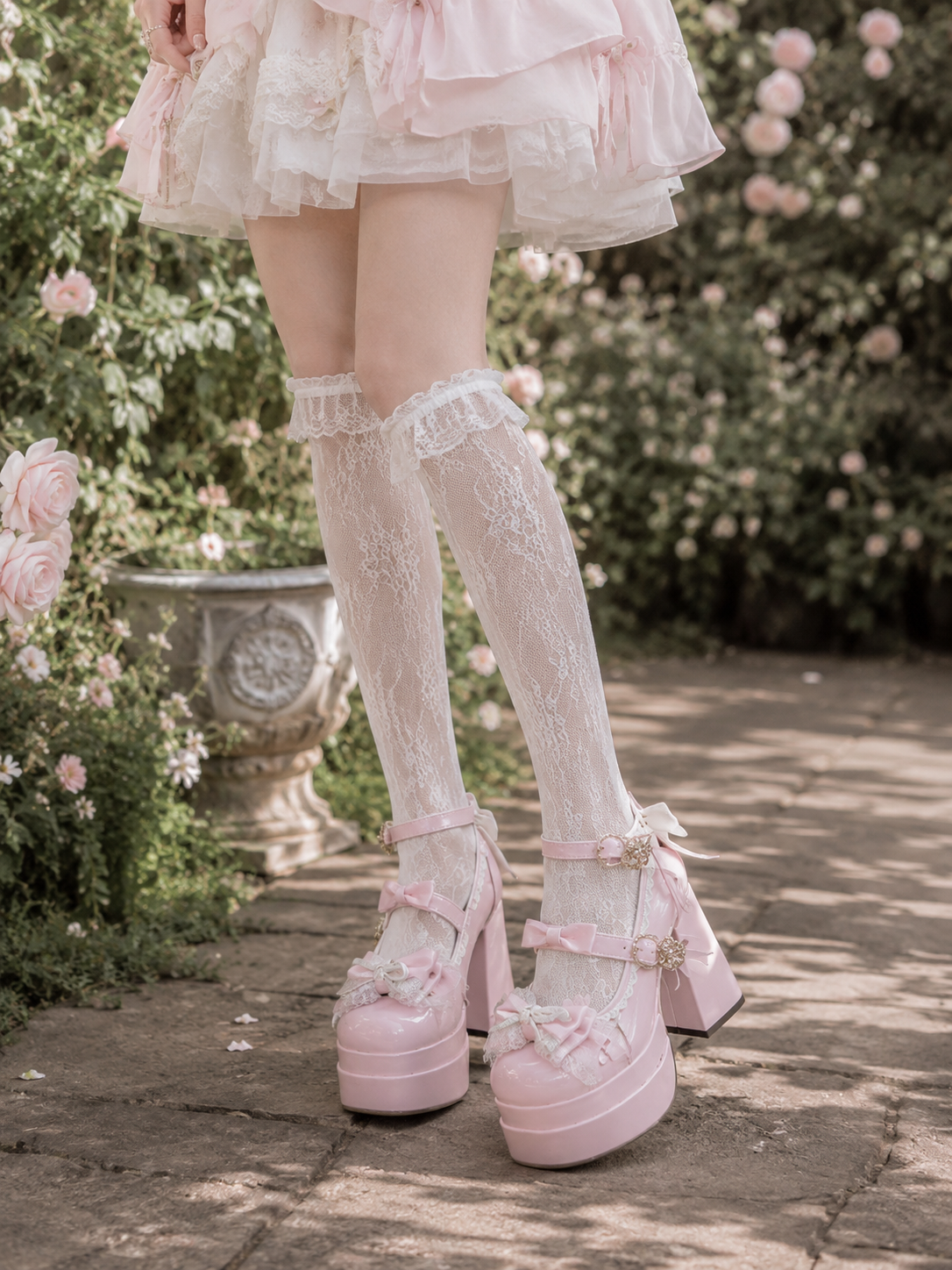 Pink Butterfly Round Toe Chunky Heel Lolita Shoes | Front Styling View | Aurora Lolita Pink Butterfly Round Toe Chunky Heel Lolita Shoes - front styling view for Sweet Lolita coords