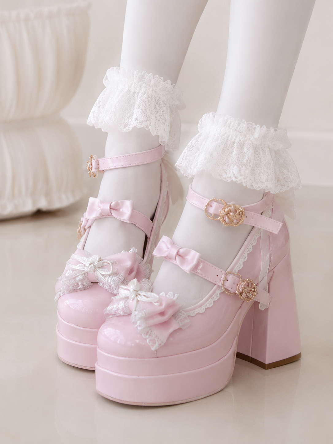 Pink Butterfly Round Toe Chunky Heel Lolita Shoes | Model Coord Styling View | Aurora Lolita Pink Butterfly Round Toe Chunky Heel Lolita Shoes - model coord styling view for Sweet Lolita coords