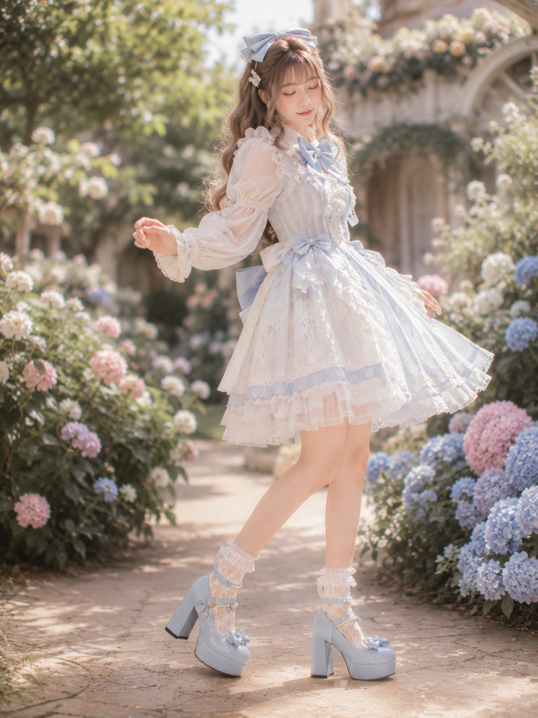 Blue Butterfly Round Toe Chunky Heel Lolita Shoes | Side Angle View | Aurora Lolita Blue Butterfly Round Toe Chunky Heel Lolita Shoes - side angle view for Classic / Sweet Lolita coords