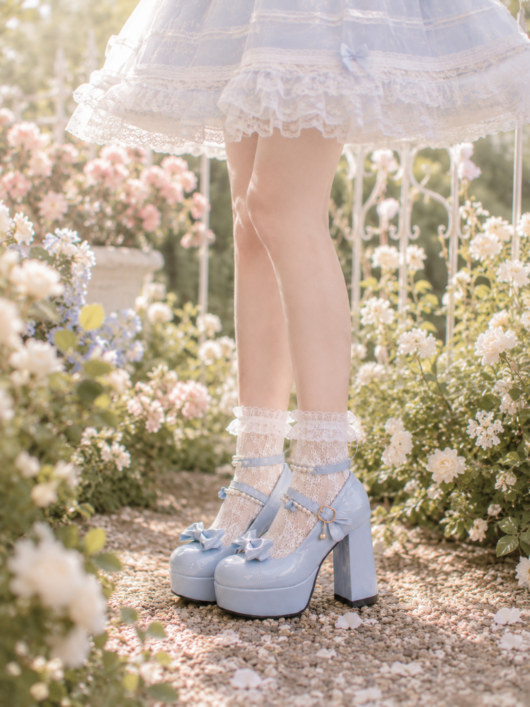 Blue Butterfly Round Toe Chunky Heel Lolita Shoes | Back Or Strap Detail View | Aurora Lolita Blue Butterfly Round Toe Chunky Heel Lolita Shoes - back or strap detail view for Classic / Sweet Lolita coords