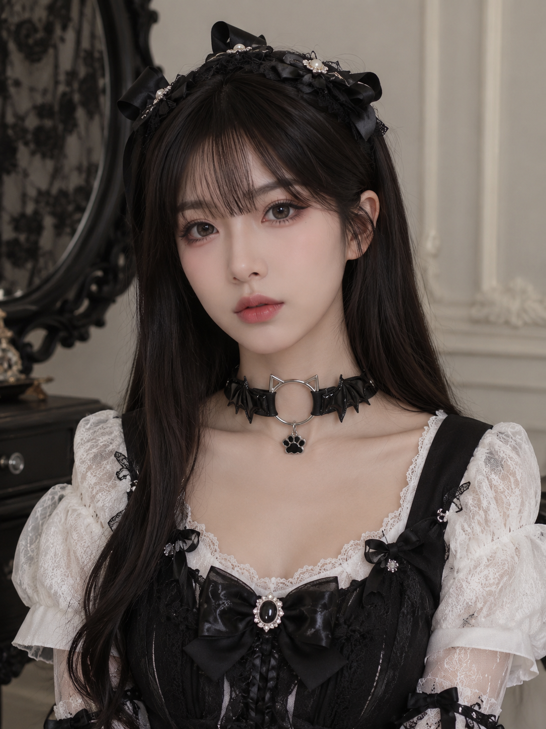 Black Gothic Bow Choker Necklace | Front Styling View | Aurora Lolita Black Gothic Bow Choker Necklace - front styling view for Gothic Lolita coords