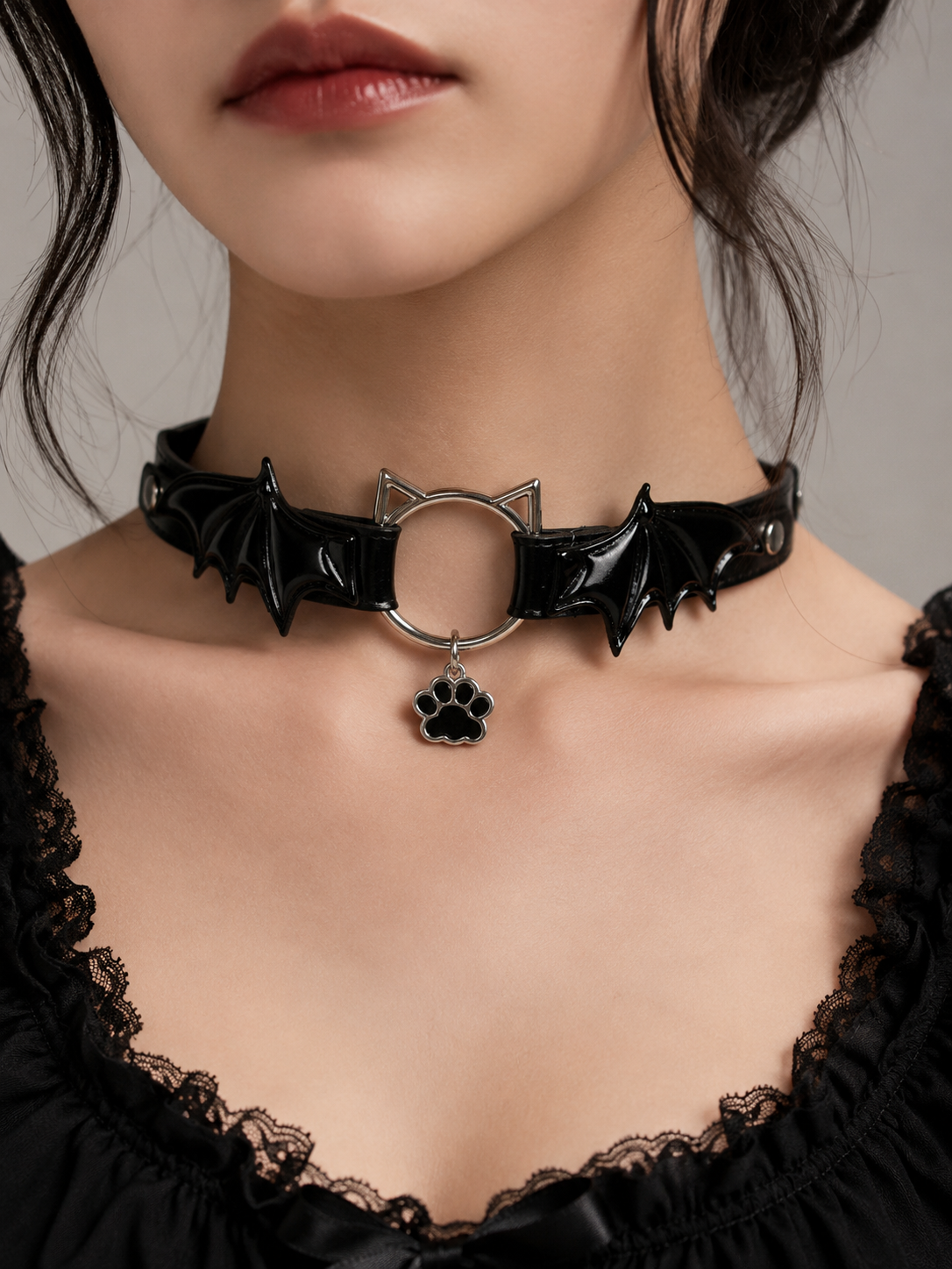 Black Gothic Bow Choker Necklace | Side Angle View | Aurora Lolita Black Gothic Bow Choker Necklace - side angle view for Gothic Lolita coords