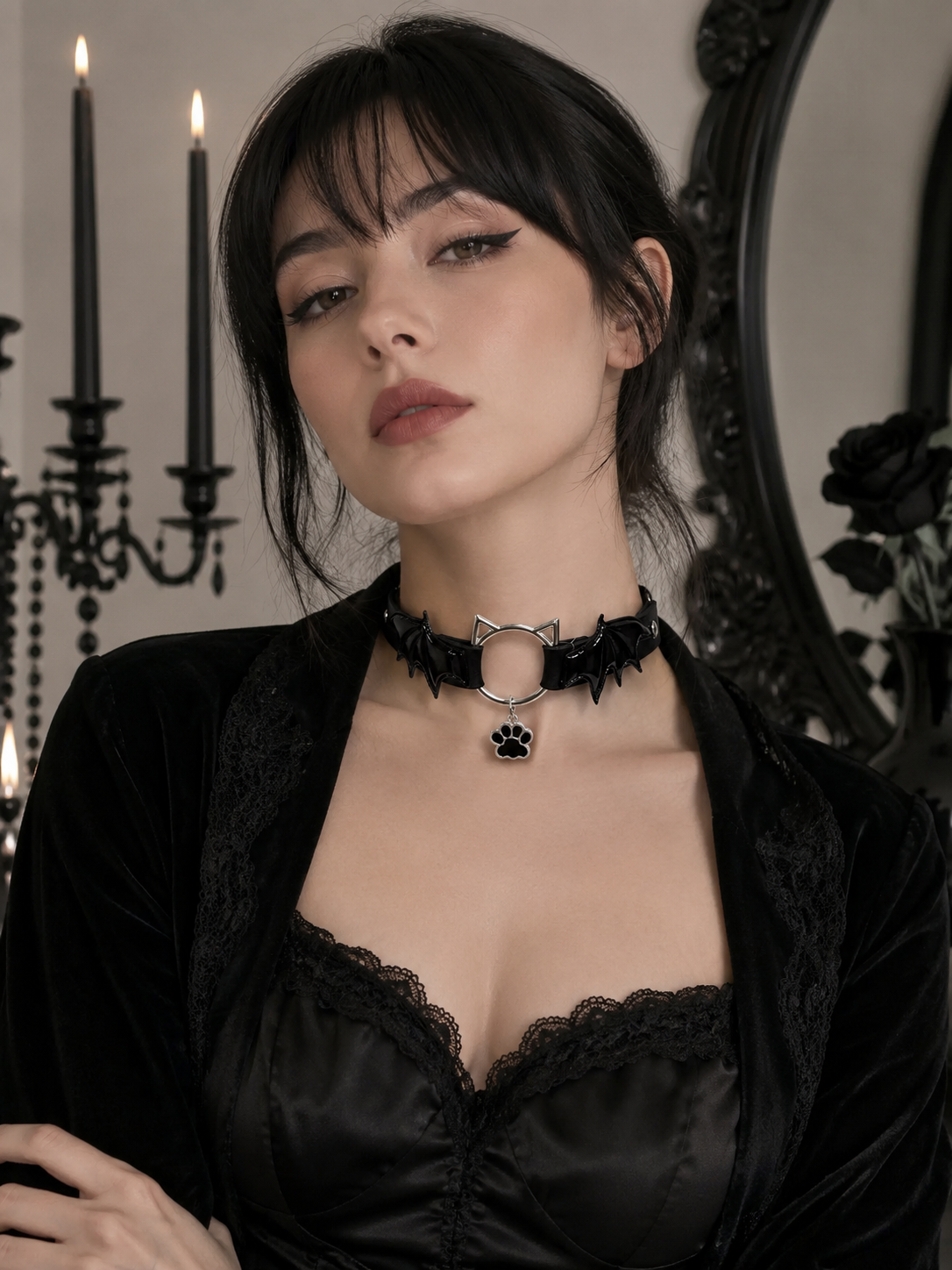 Black Gothic Bow Choker Necklace | Close-Up Detail View | Aurora Lolita Black Gothic Bow Choker Necklace - close-up detail view for Gothic Lolita coords