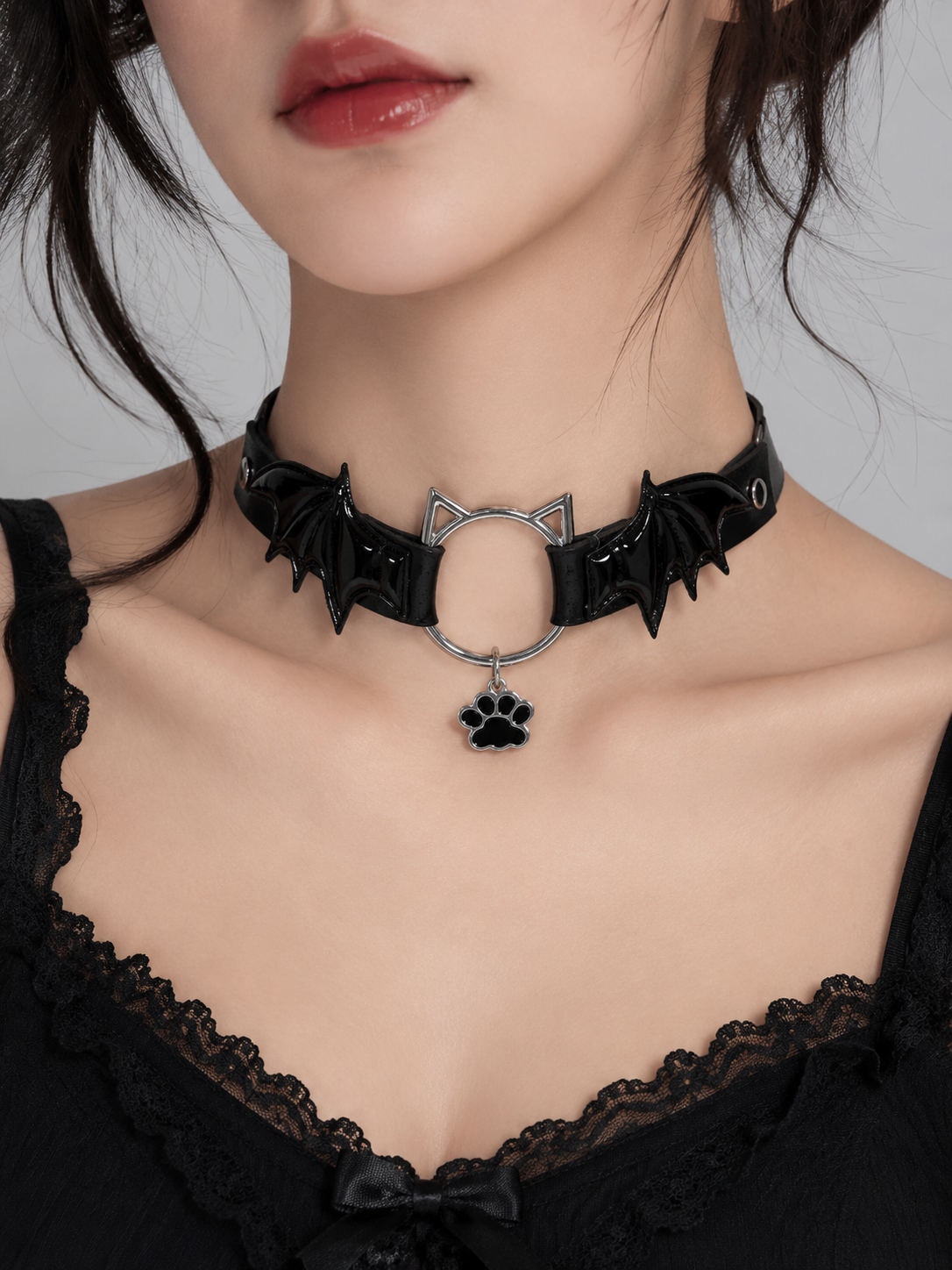 Black Gothic Bow Choker Necklace | Model Coord Styling View | Aurora Lolita Black Gothic Bow Choker Necklace - model coord styling view for Gothic Lolita coords