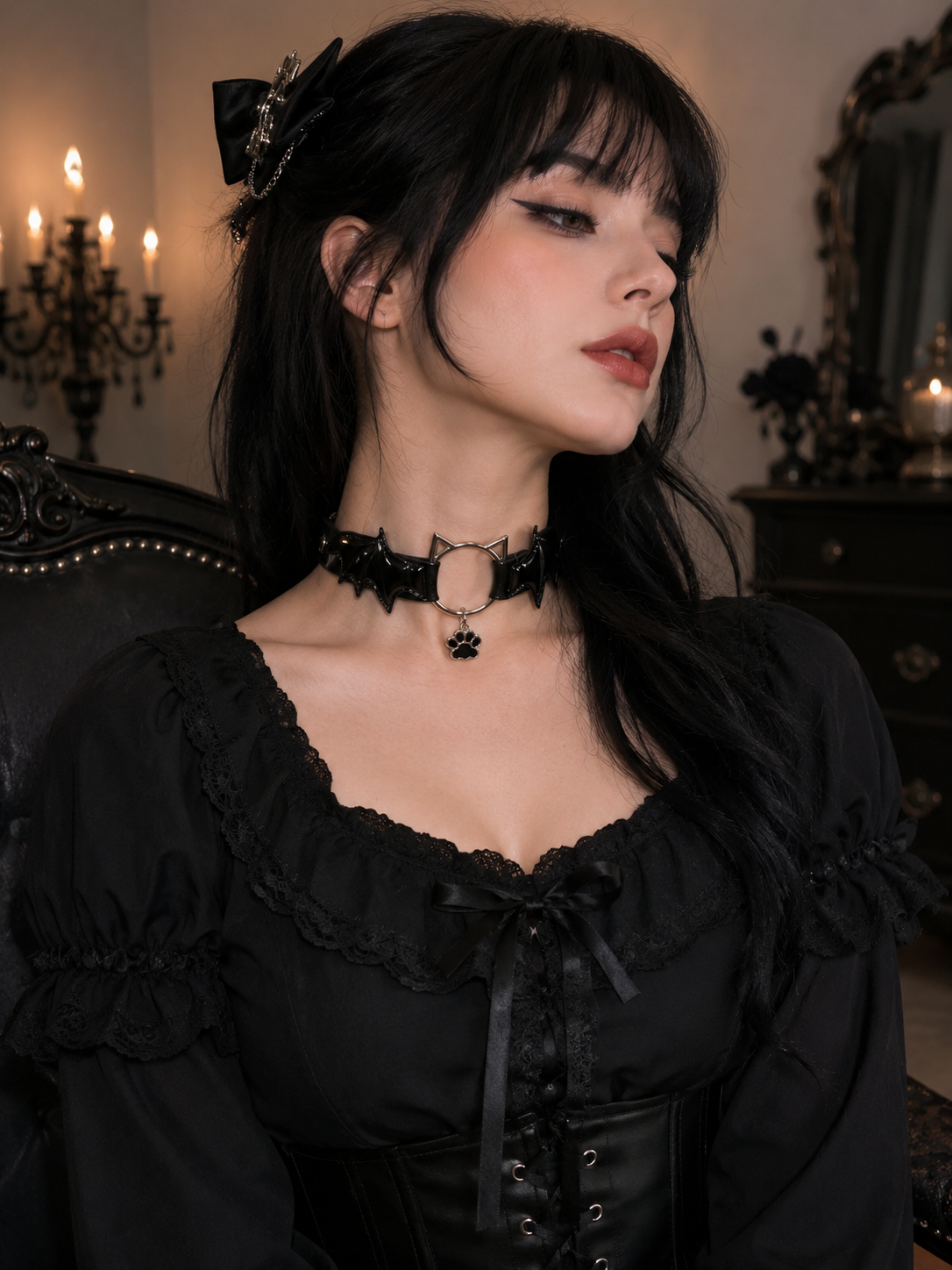 Black Gothic Bow Choker Necklace | Back Or Strap Detail View | Aurora Lolita Black Gothic Bow Choker Necklace - back or strap detail view for Gothic Lolita coords