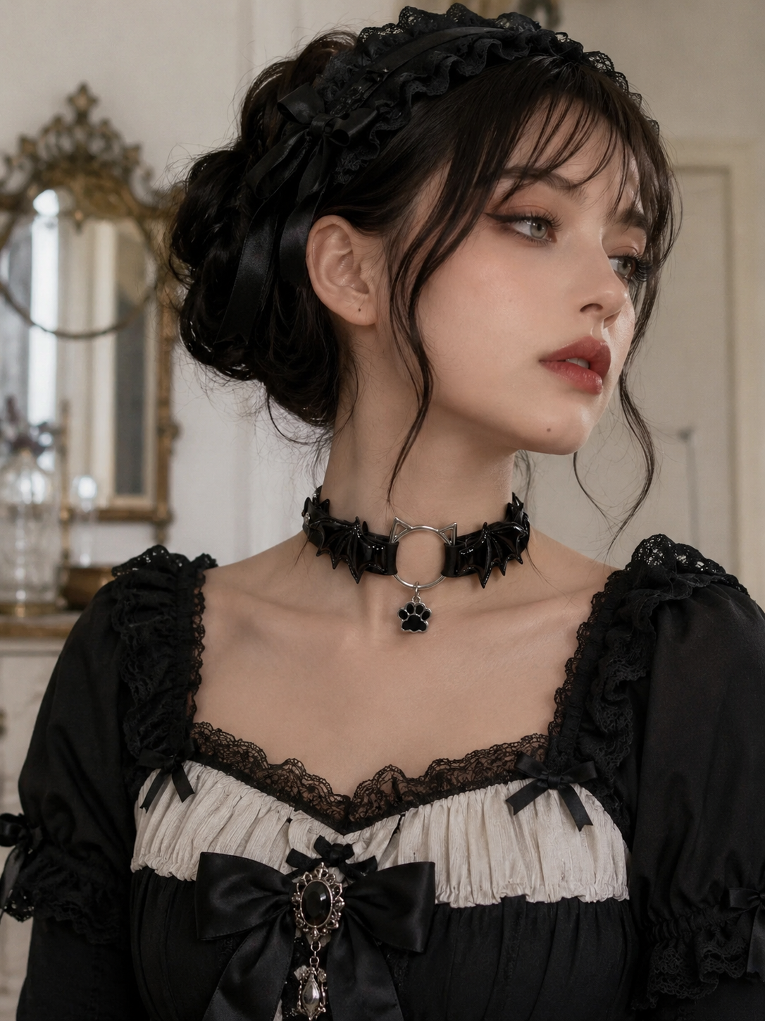 Black Gothic Bow Choker Necklace | Texture And Trim Detail View | Aurora Lolita Black Gothic Bow Choker Necklace - texture and trim detail view for Gothic Lolita coords