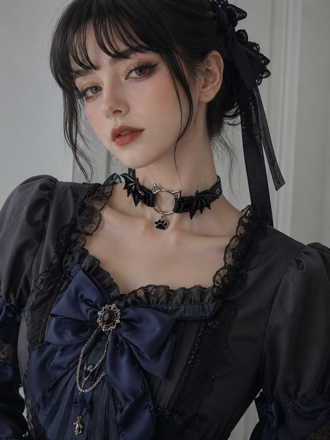 Black Gothic Bow Choker Necklace | Alternate Gallery View | Aurora Lolita Black Gothic Bow Choker Necklace - alternate gallery view for Gothic Lolita coords