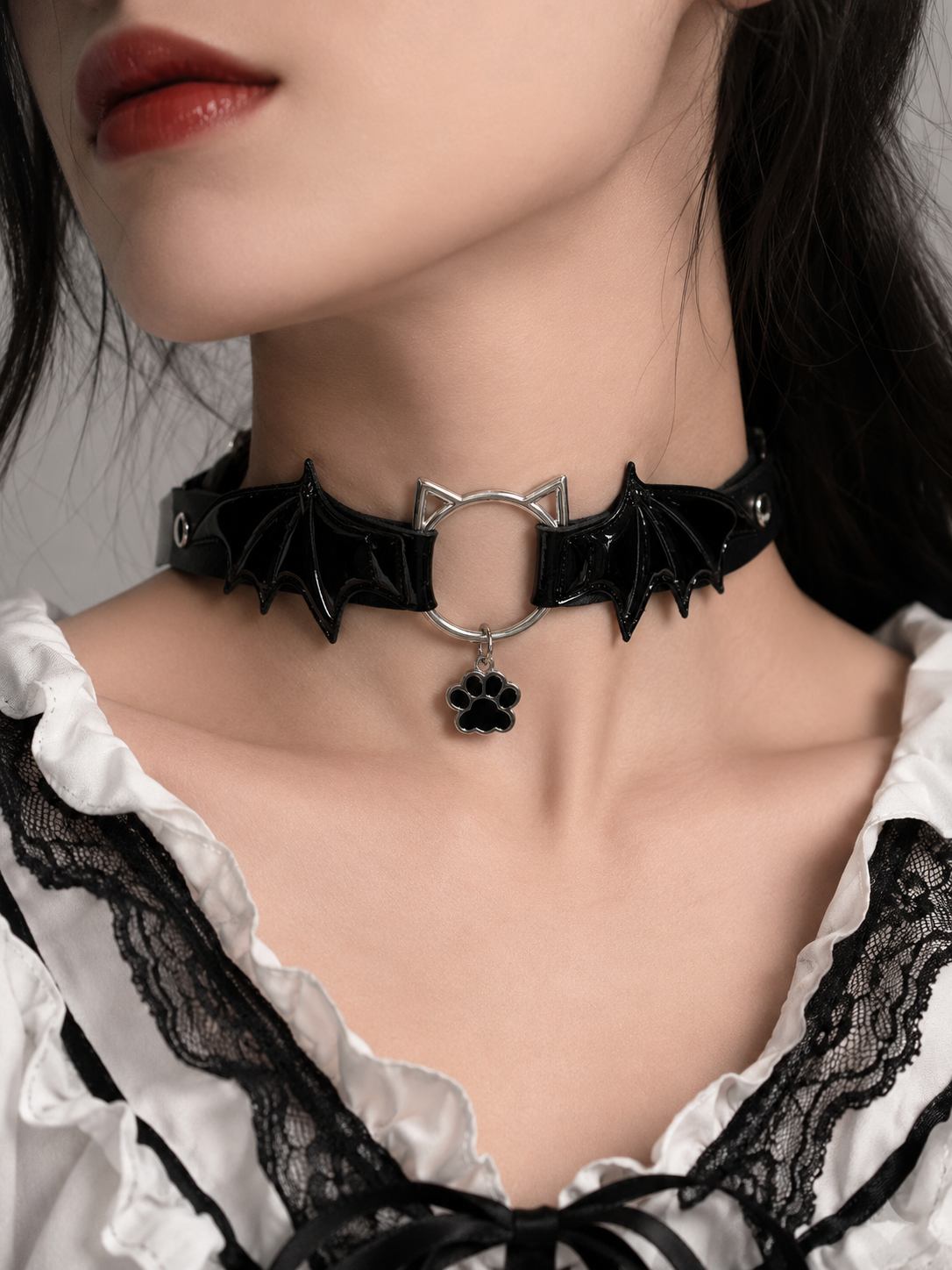 Black Gothic Bow Choker Necklace | Wearing Scale View | Aurora Lolita Black Gothic Bow Choker Necklace - wearing scale view for Gothic Lolita coords