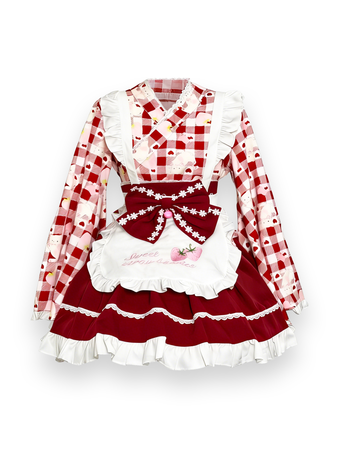 Sweet Lolita dress with red gingham, bunny print blouse, strawberry apron, and dark red skirt