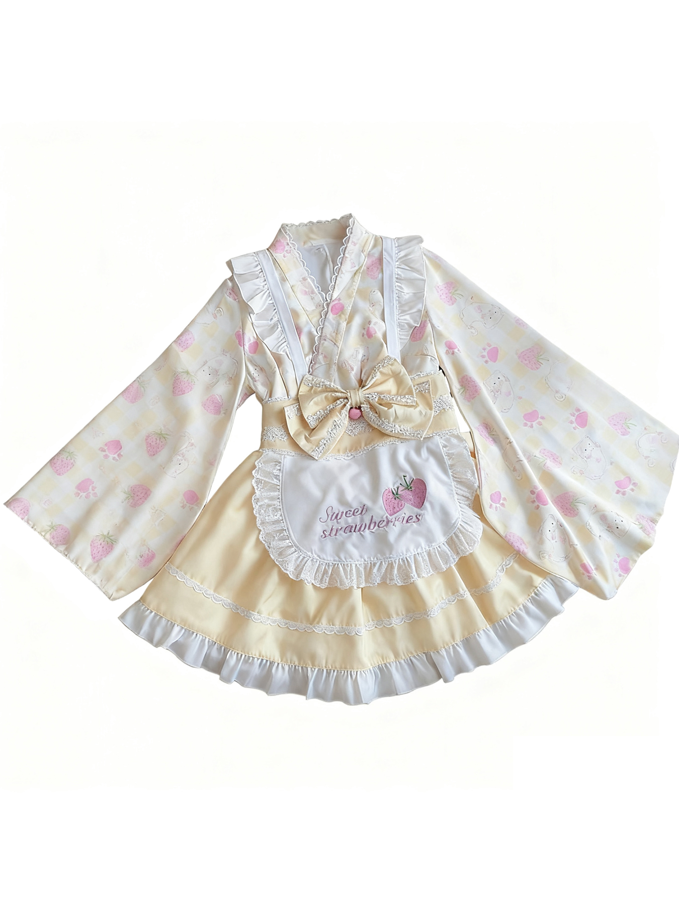 Sweet Lolita kimono dress set with strawberry and bunny print, pastel yellow with white apron and ruffles.