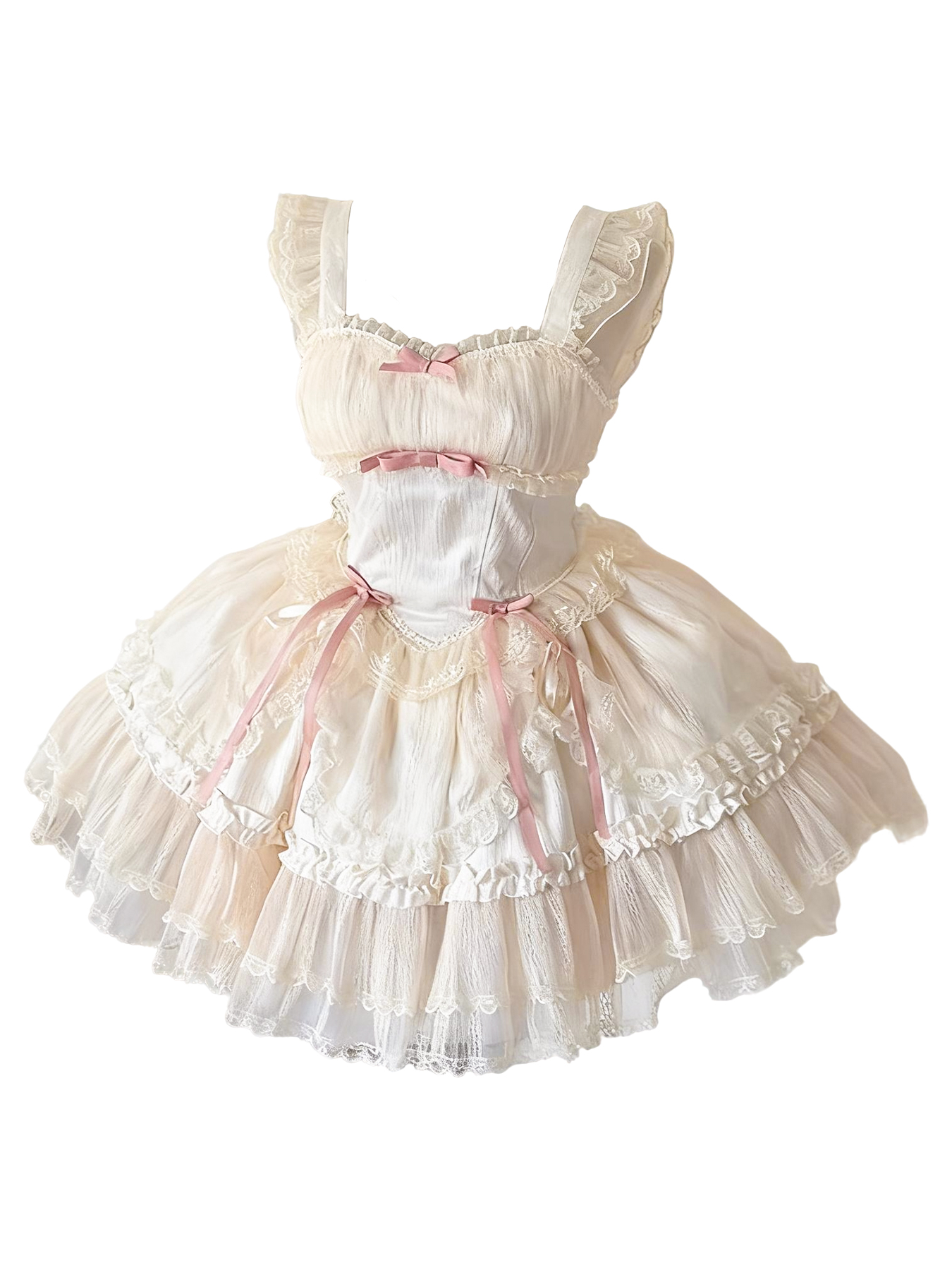 Ivory sweet Lolita dress with ruffled layers, lace trim, and pink ribbon bows.