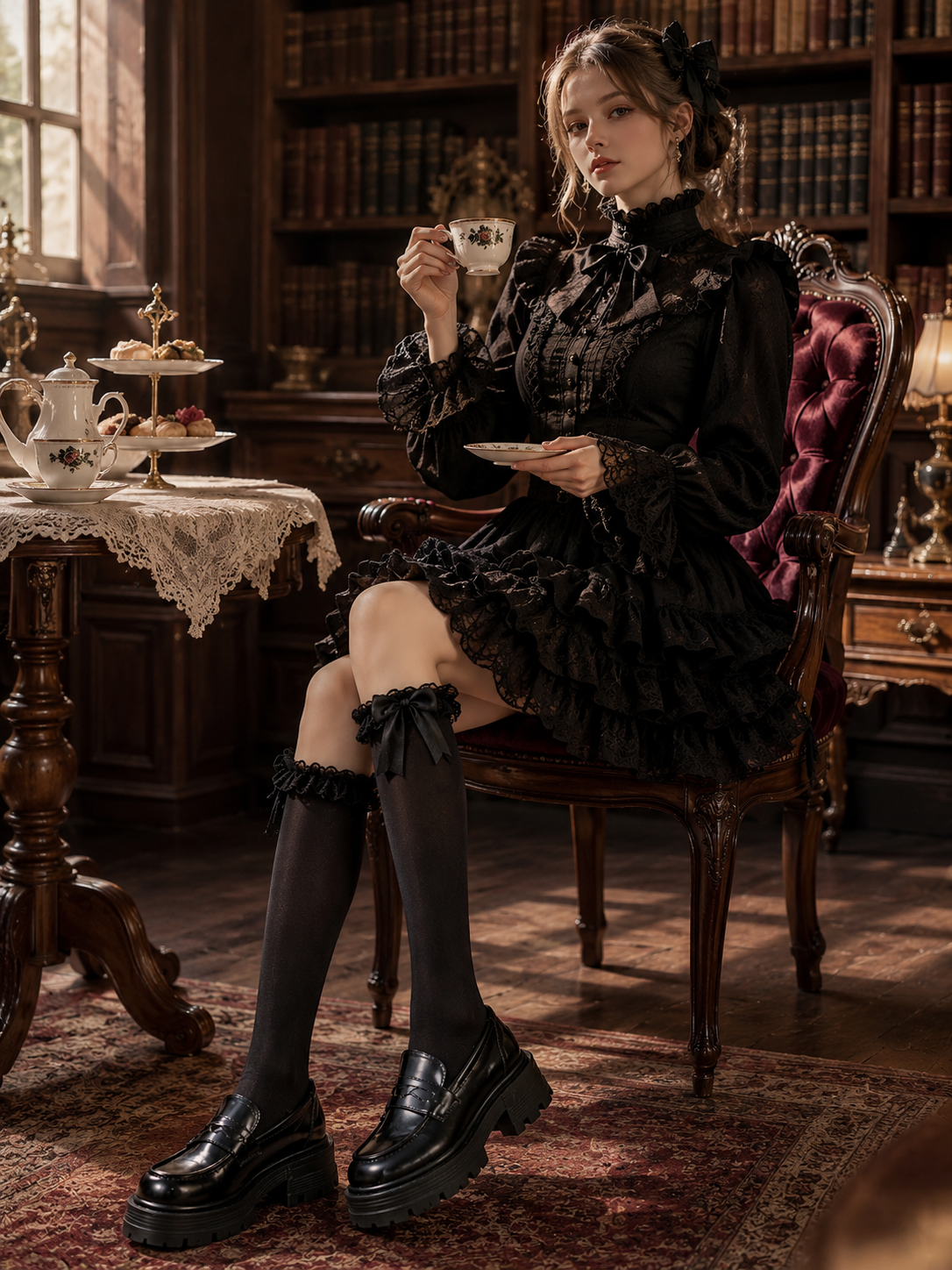 Woman in black Gothic Lolita dress, knee-highs, and chunky loafers, holding a teacup in a vintage library.