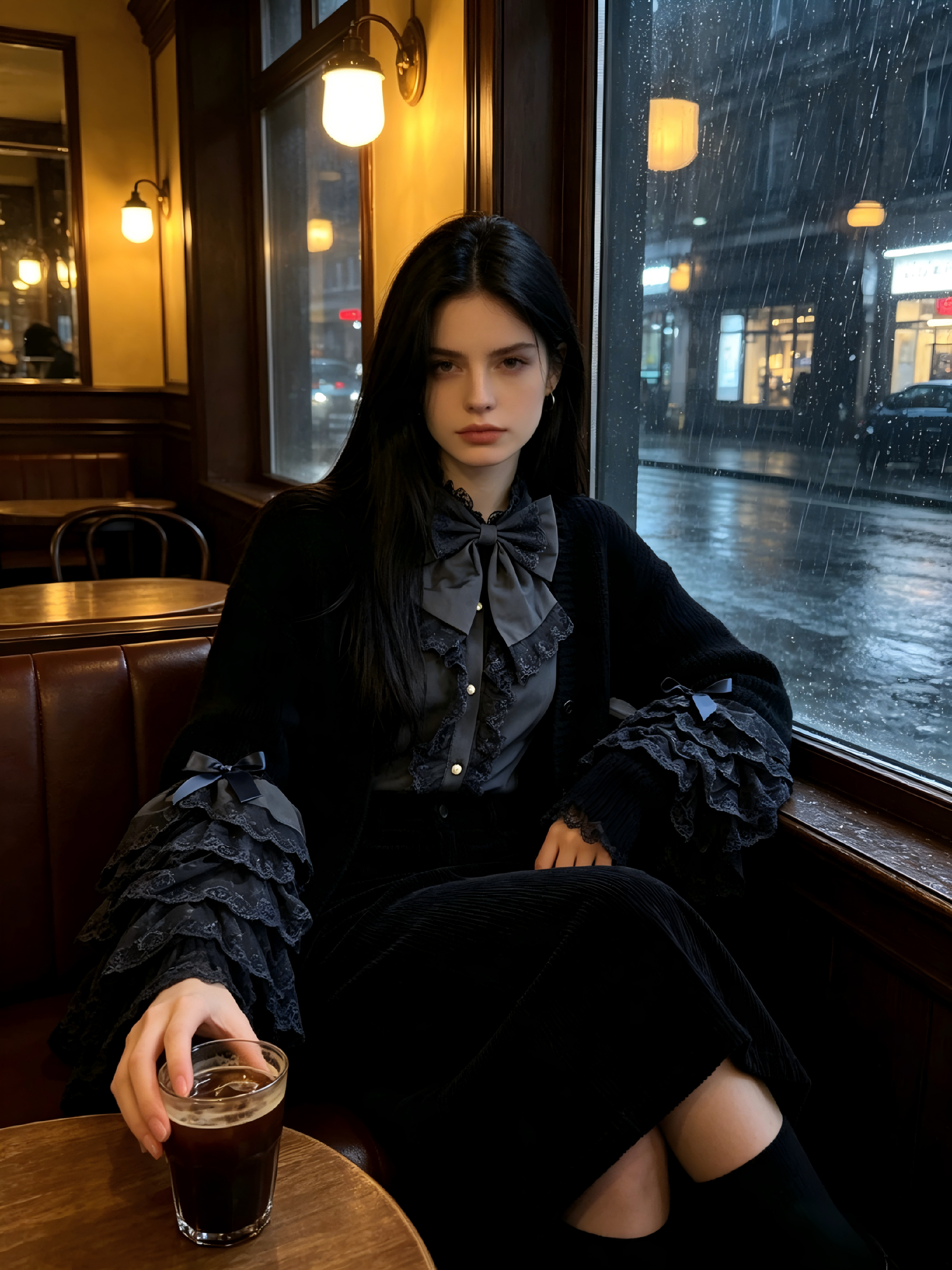 Young woman in a black Gothic Lolita outfit with a grey lace-trimmed blouse and ruffled sleeves, sitting in a cafe by a rainy window.