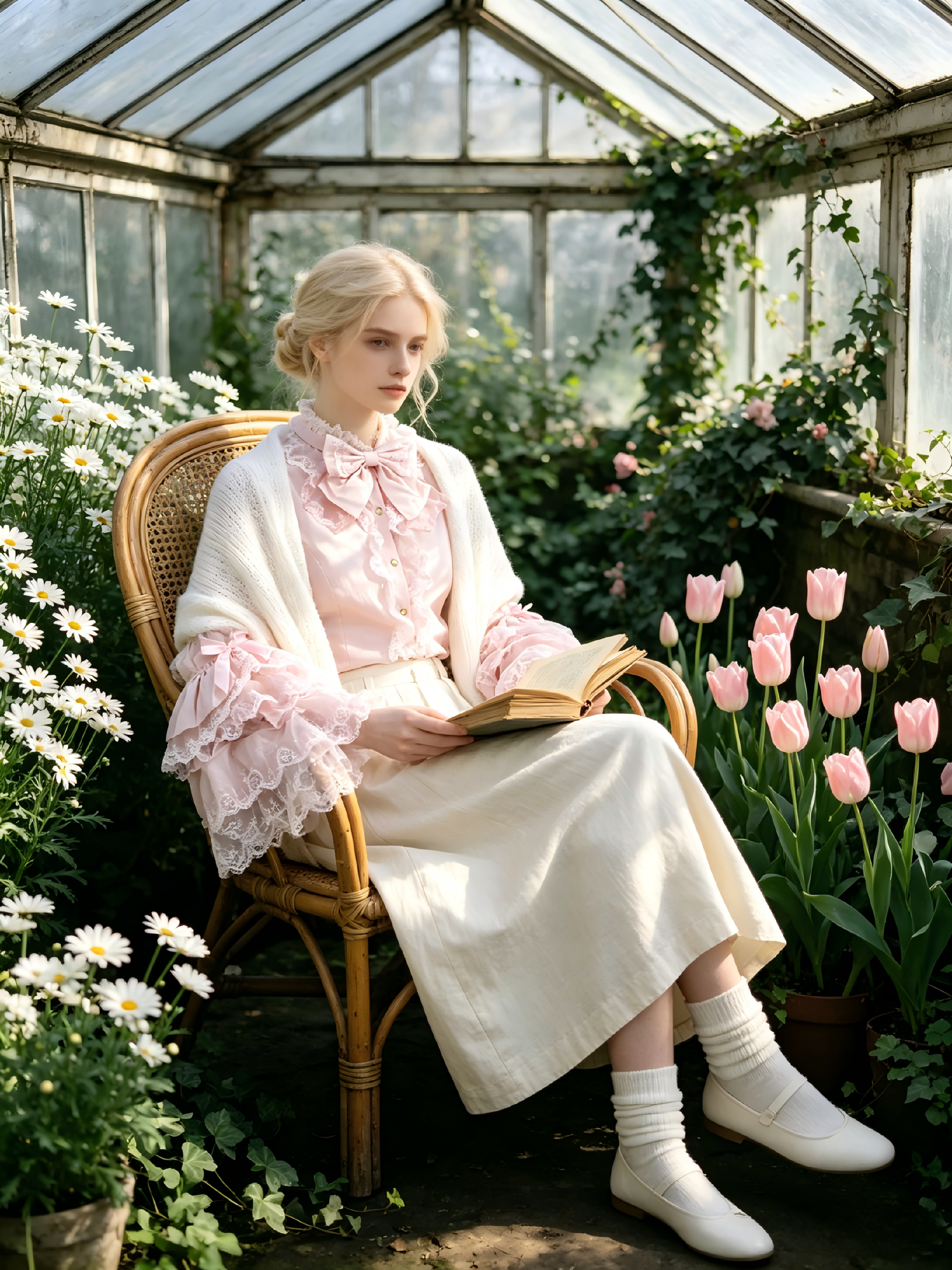 Young woman in classic pink Lolita blouse, cream skirt, and white Mary Janes reading in a greenhouse.