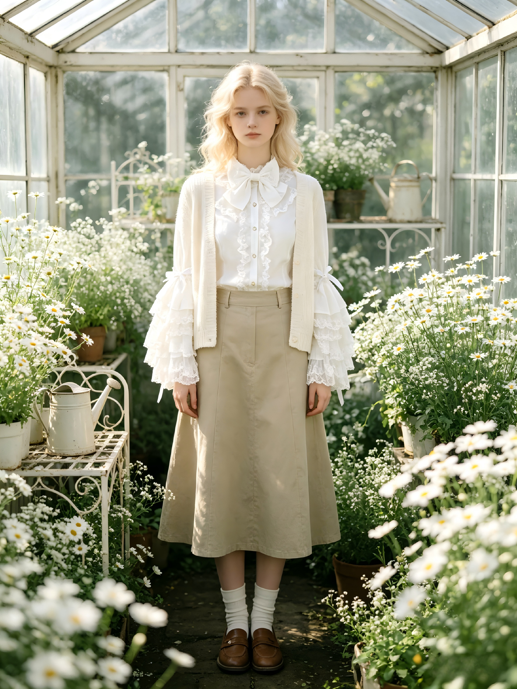 Blonde woman in white ruffled blouse, cream cardigan, and beige skirt in a daisy-filled greenhouse, showcasing classic Lolita fashion.