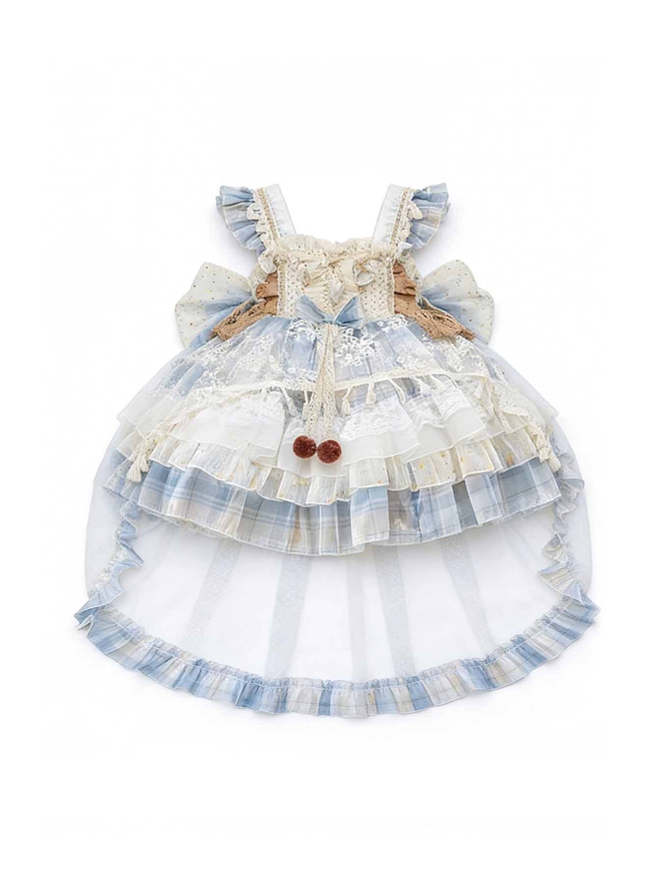 Blue plaid tiered Lolita dress with lace, ruffles, and pom-poms