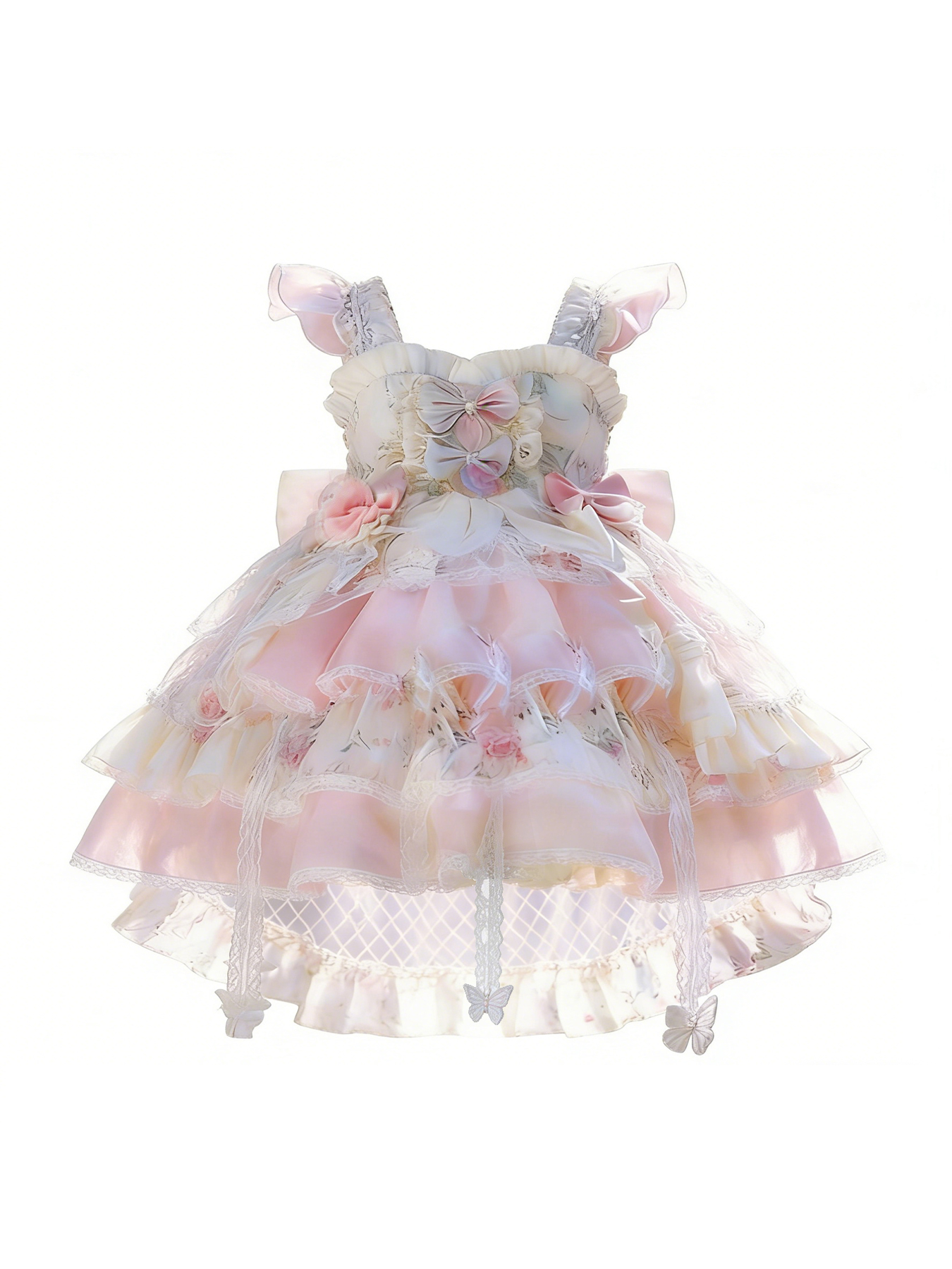 Young girl in an elaborate pink Lolita dress with ruffles, lace, and bows, standing in a magical garden with glowing flowers and a rainbow.