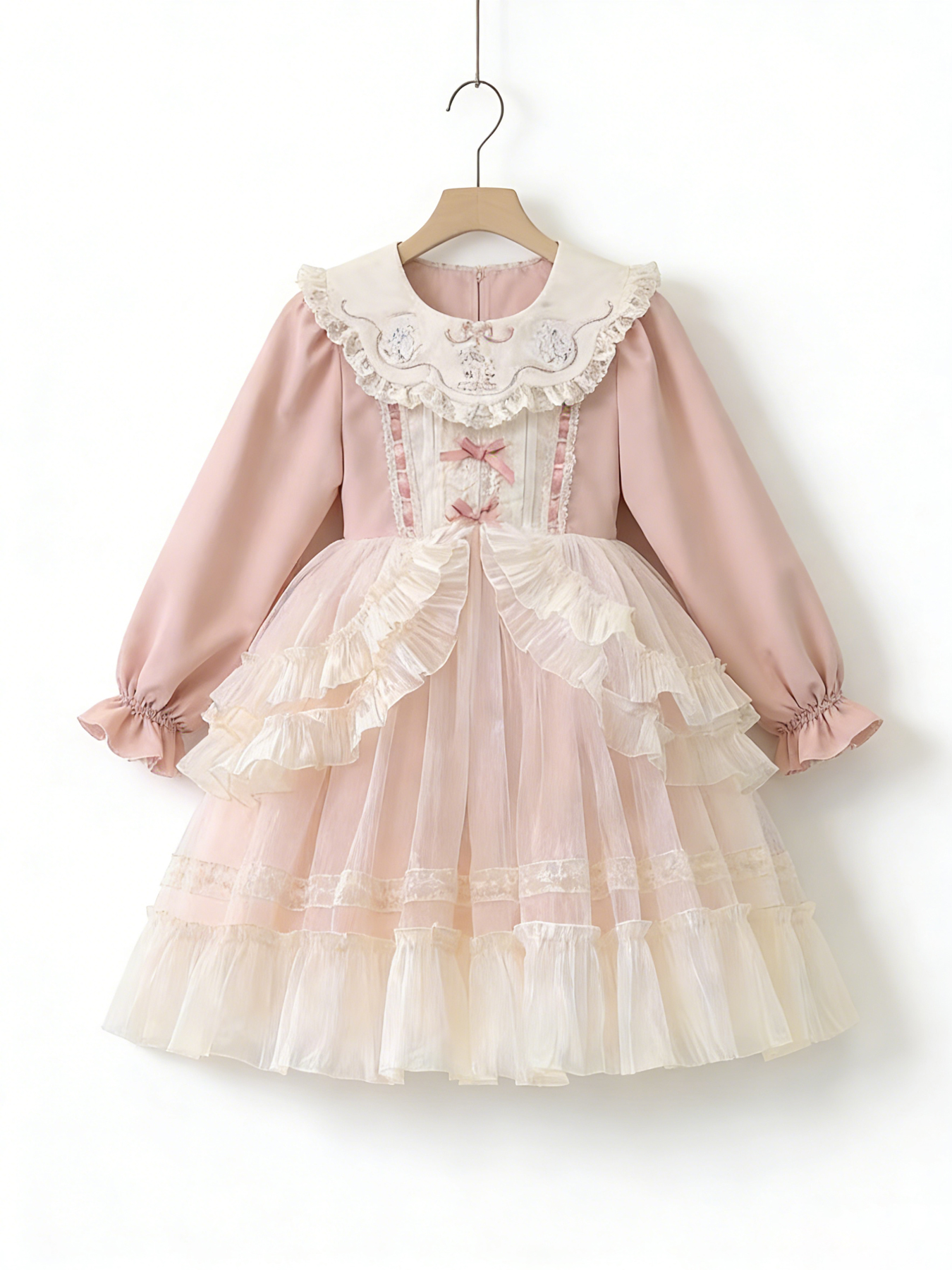 Pink and cream Sweet Lolita dress with ruffled skirt, lace, and embroidered collar