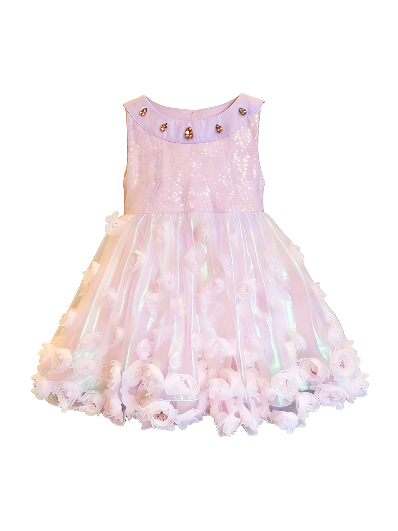 A young girl in a light pink iridescent party dress with a sequin bodice, large sequined bow, and floral appliques on the skirt.