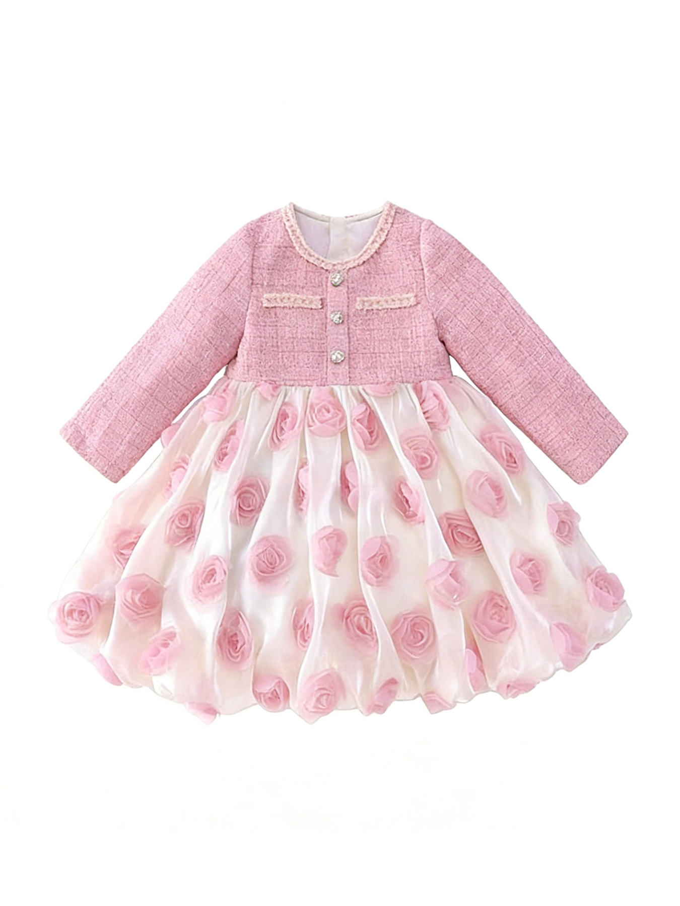 Elegant pink tweed long-sleeve dress with a white voluminous skirt adorned with 3D pink roses.