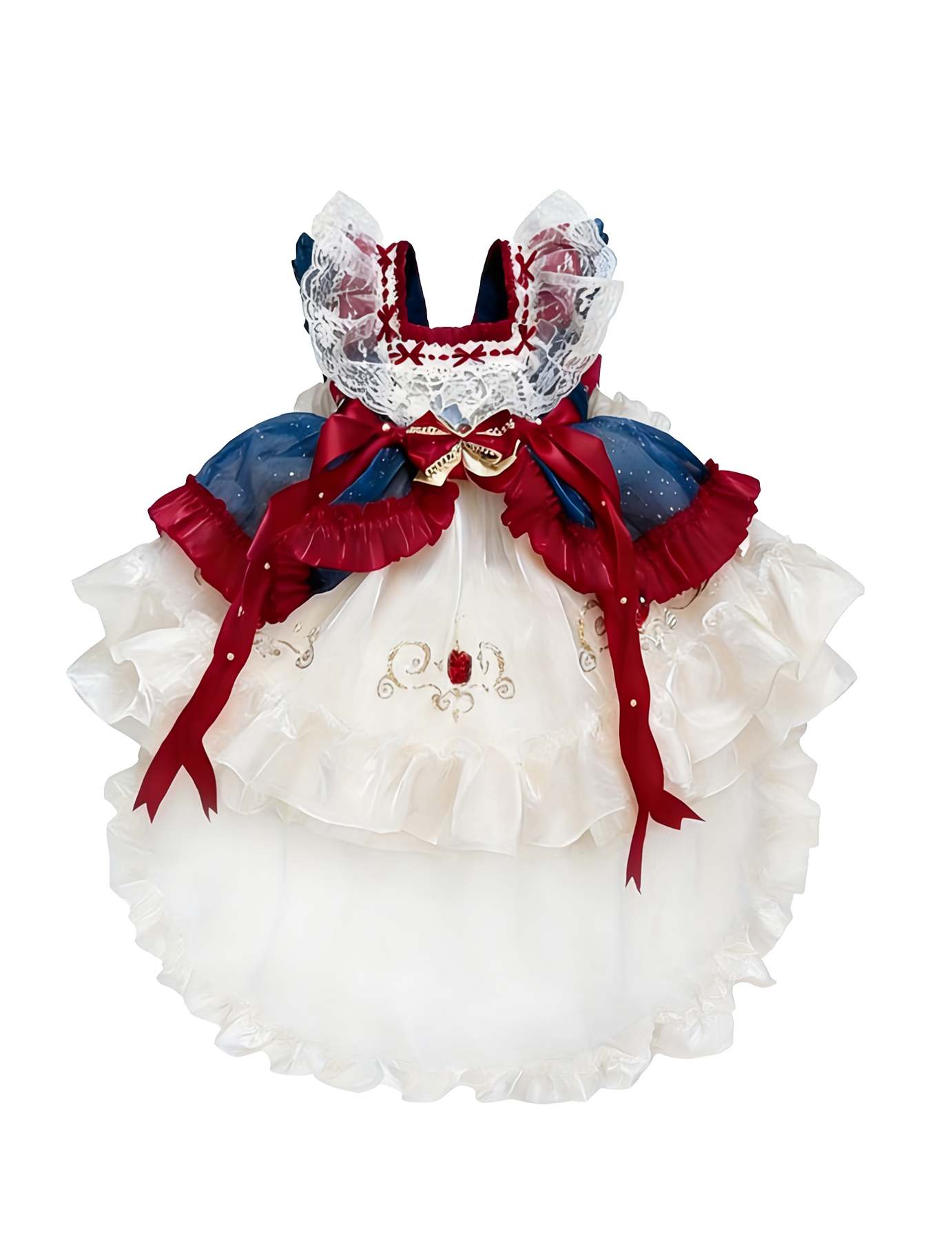 Classic Lolita JSK dress in red, navy blue, and white with lace, bows, ruffles, and embroidery.