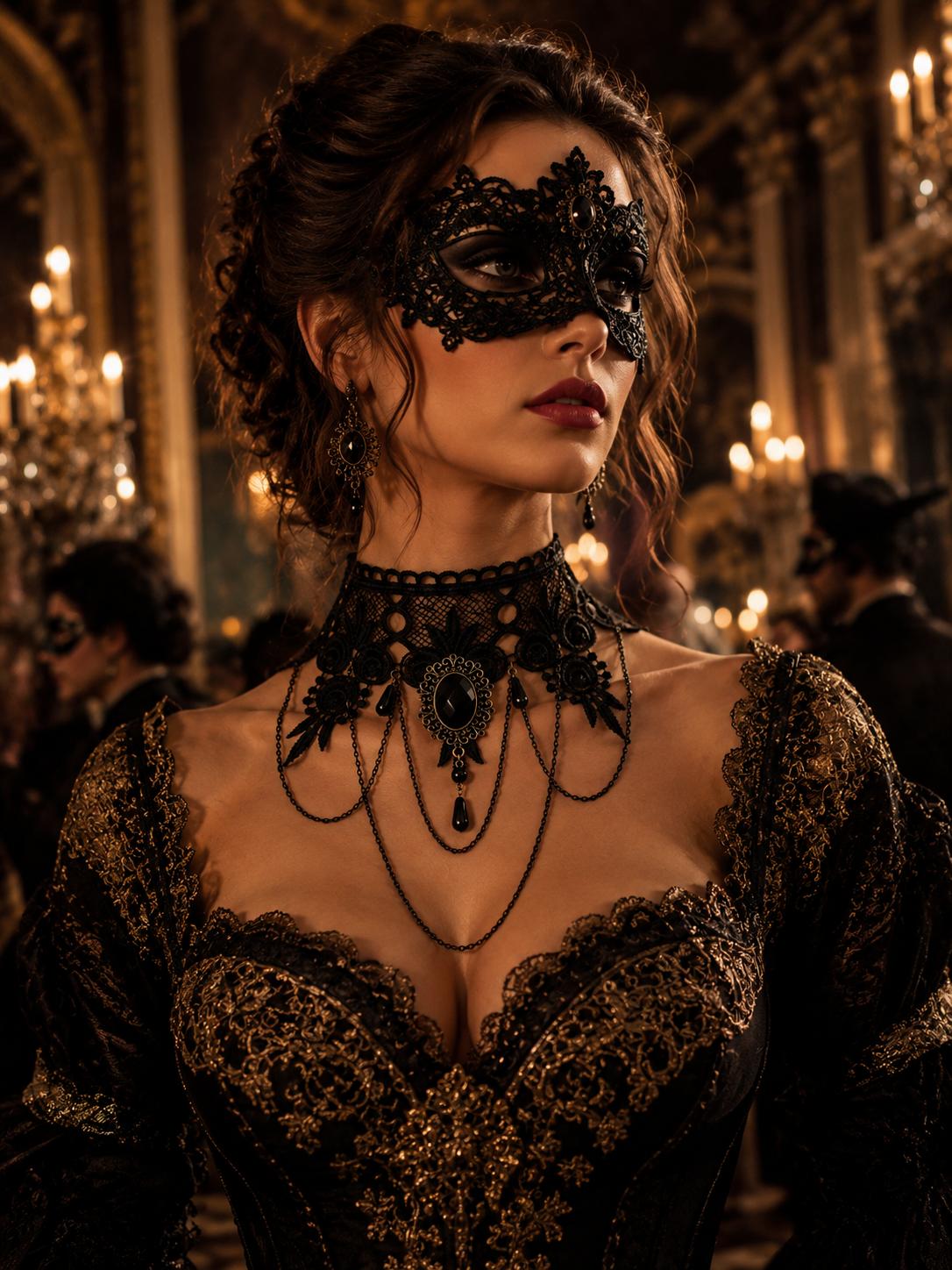 Woman in a black and gold Gothic Lolita inspired masquerade gown with a lace mask and ornate choker.