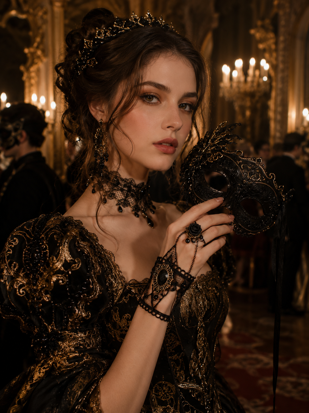 Elegant woman in black and gold gothic Lolita dress with a masquerade mask and ornate accessories.