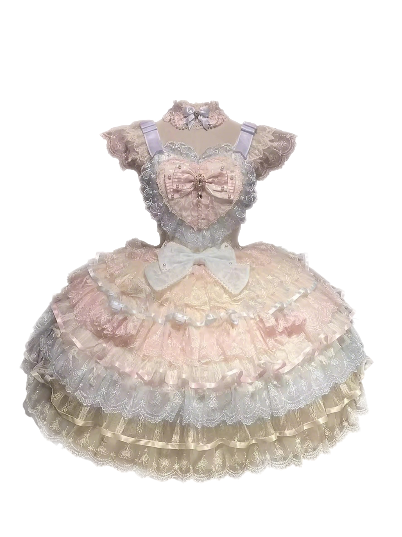 Pastel rainbow Sweet Lolita dress with lace, ruffles, heart bodice, and bows