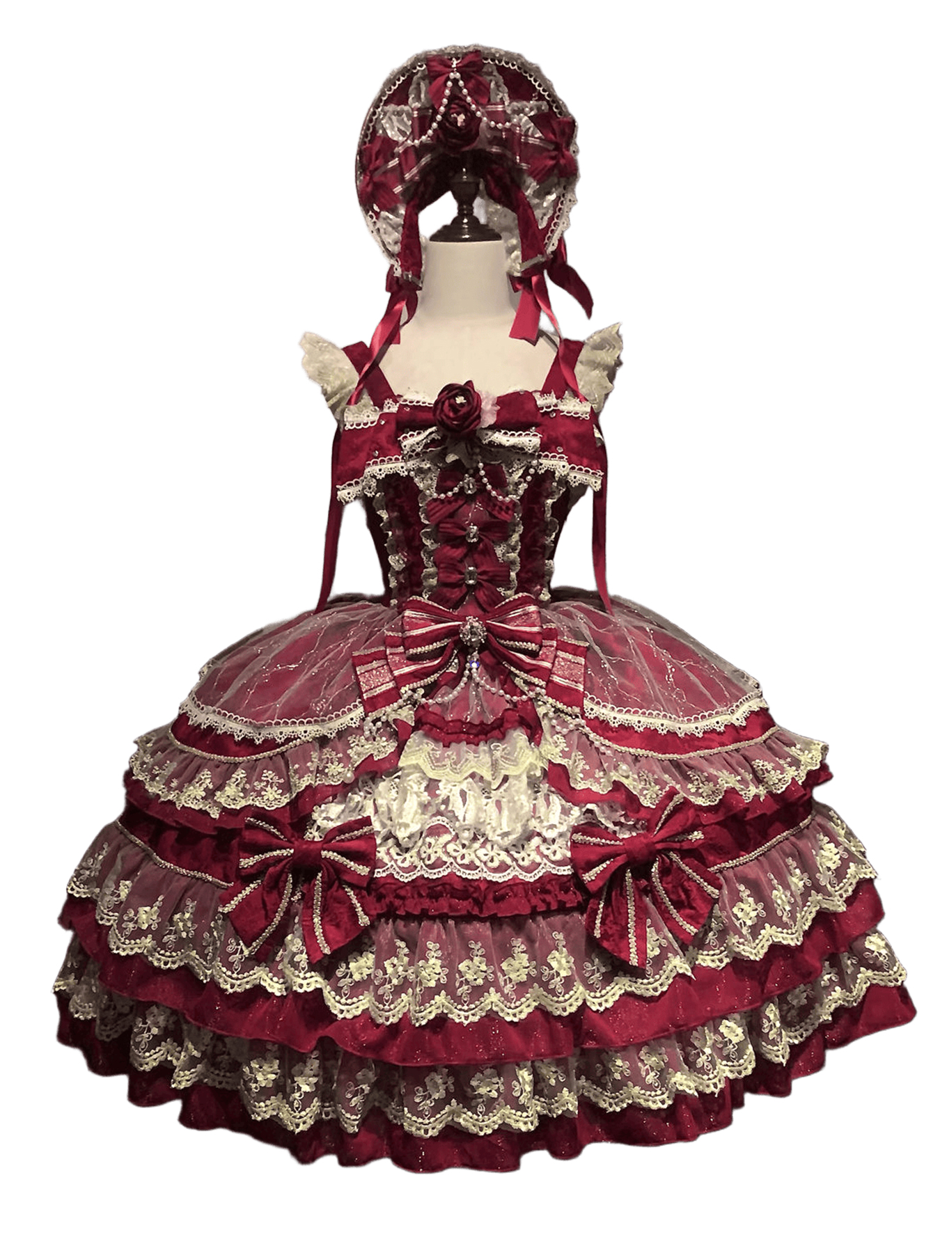 Ornate crimson red Lolita dress with lace, bows, pearls, and matching bonnet on a mannequin.