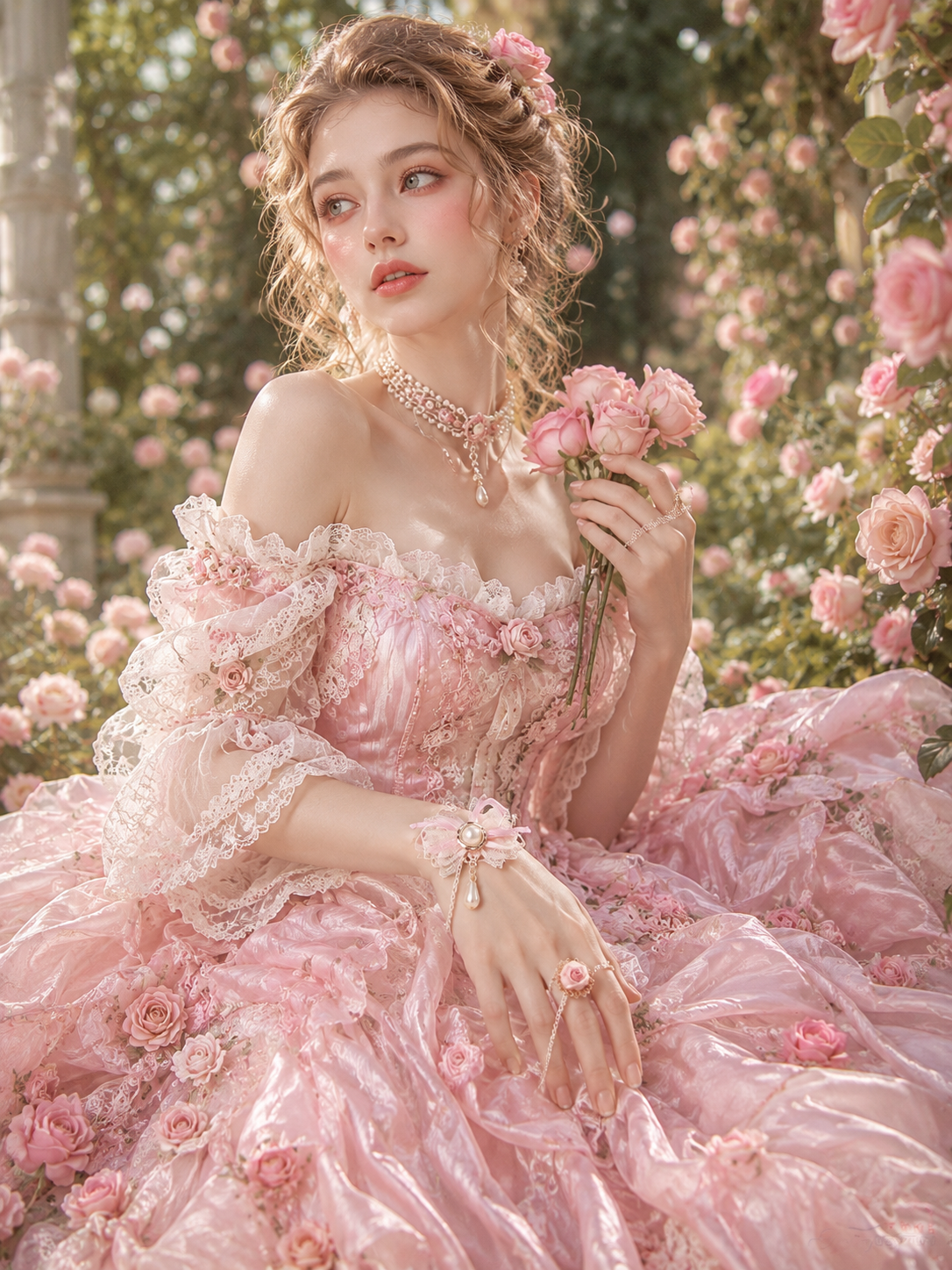 Elegant ivory Lolita dress with intricate lace, ruffles, and pearl accessories, worn by a woman holding a teacup in a romantic garden setting.