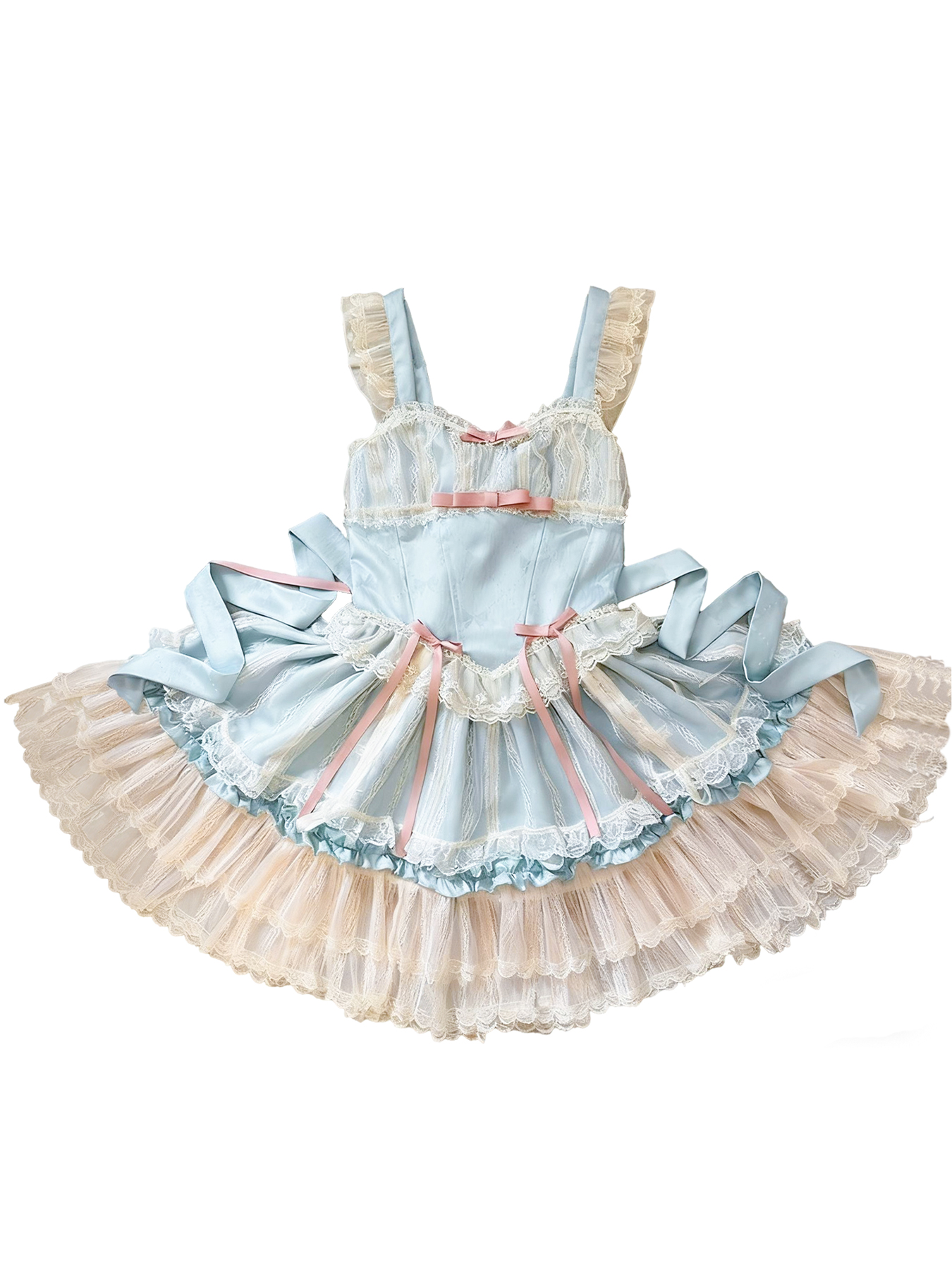 Lolita fashion dress in light blue and white with pink bows