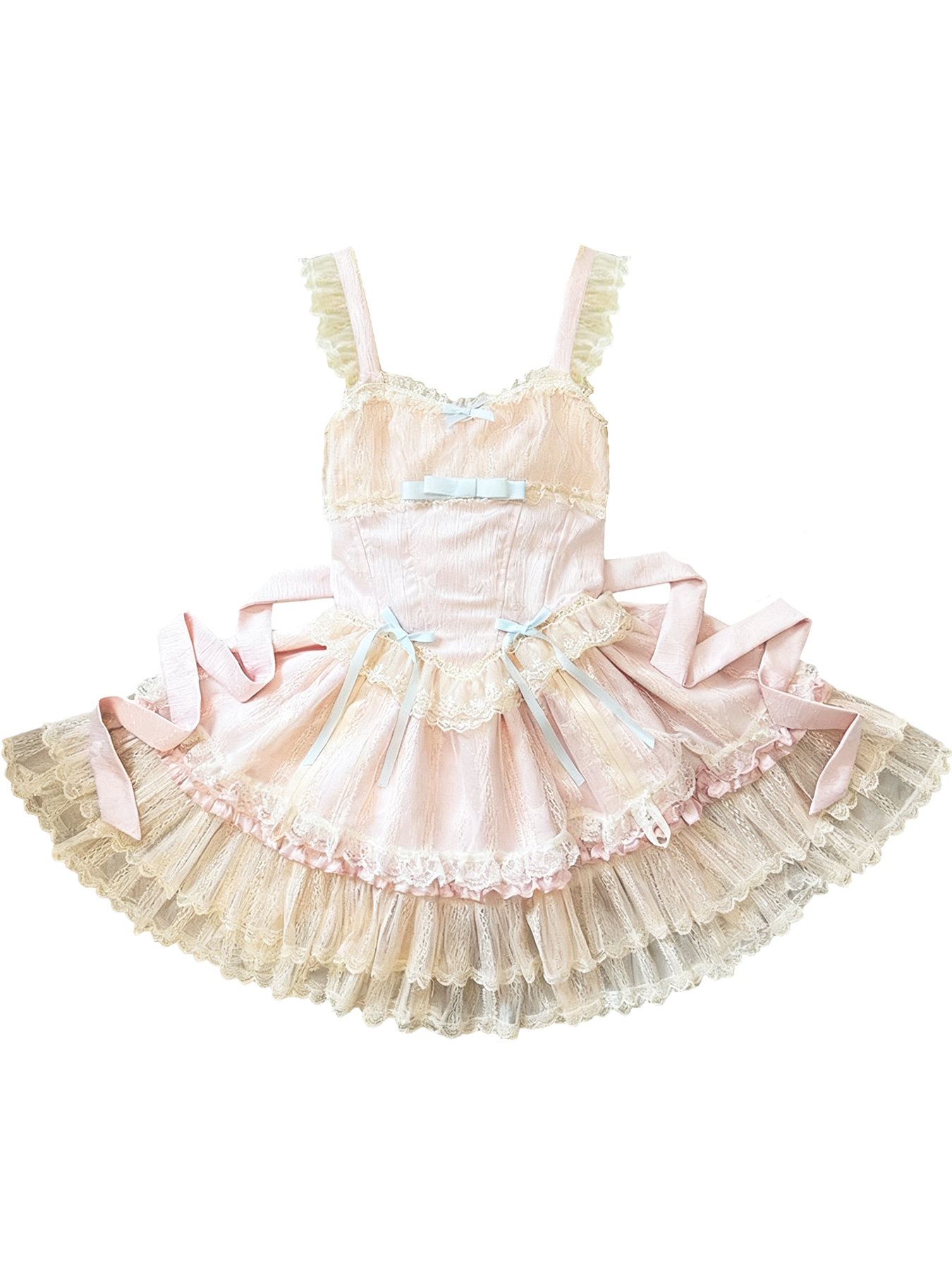 Pale pink Lolita JSK with cream lace, light blue bows, and ruffled tiered skirt.