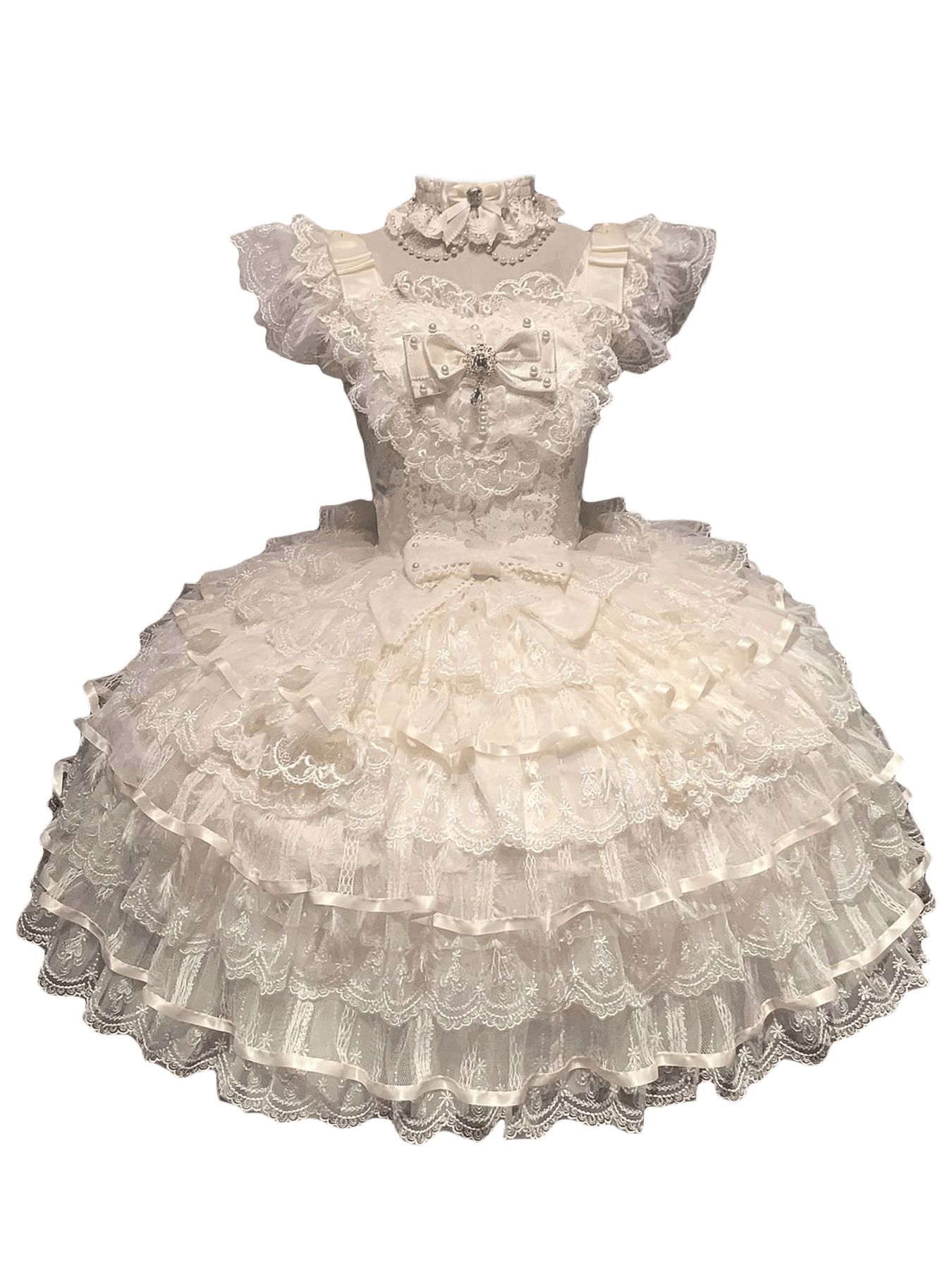 White lace ruffled Lolita dress with bows, pearls, and high collar